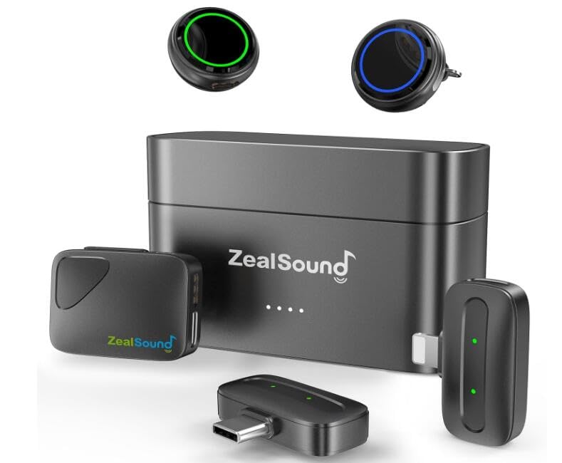 楽天SelectSHOP 岐阜 楽天市場店ZealSound ピンマイク ワイヤレス - 3 TX + 2 RX + 充電ケース、USB-C/Lightning/カメラ、iPhone/Android/PC用ワイヤレスマイク、瞬時接続、ノイズキャンセリング、40時間使用、48Khz/24Bit、超小
