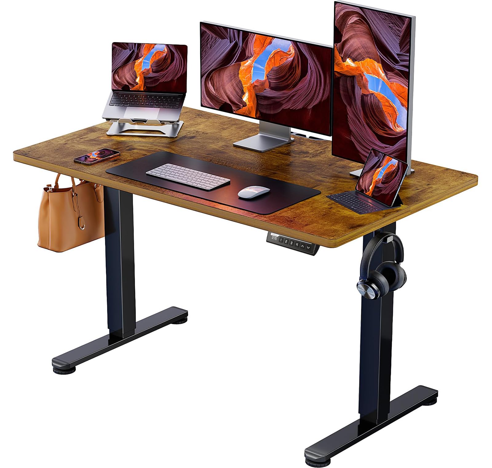 Rakuten - ErGear 電動 オフィスワークテーブル 昇降式デスク スタンディングデスク 幅120cm 高さメモリー機能 上下自動昇降 静音 収納フック付き 机 作業机 テレワーク 【幅120 x 奥行き60 x 高さ72-118cm】（ビンテージ）