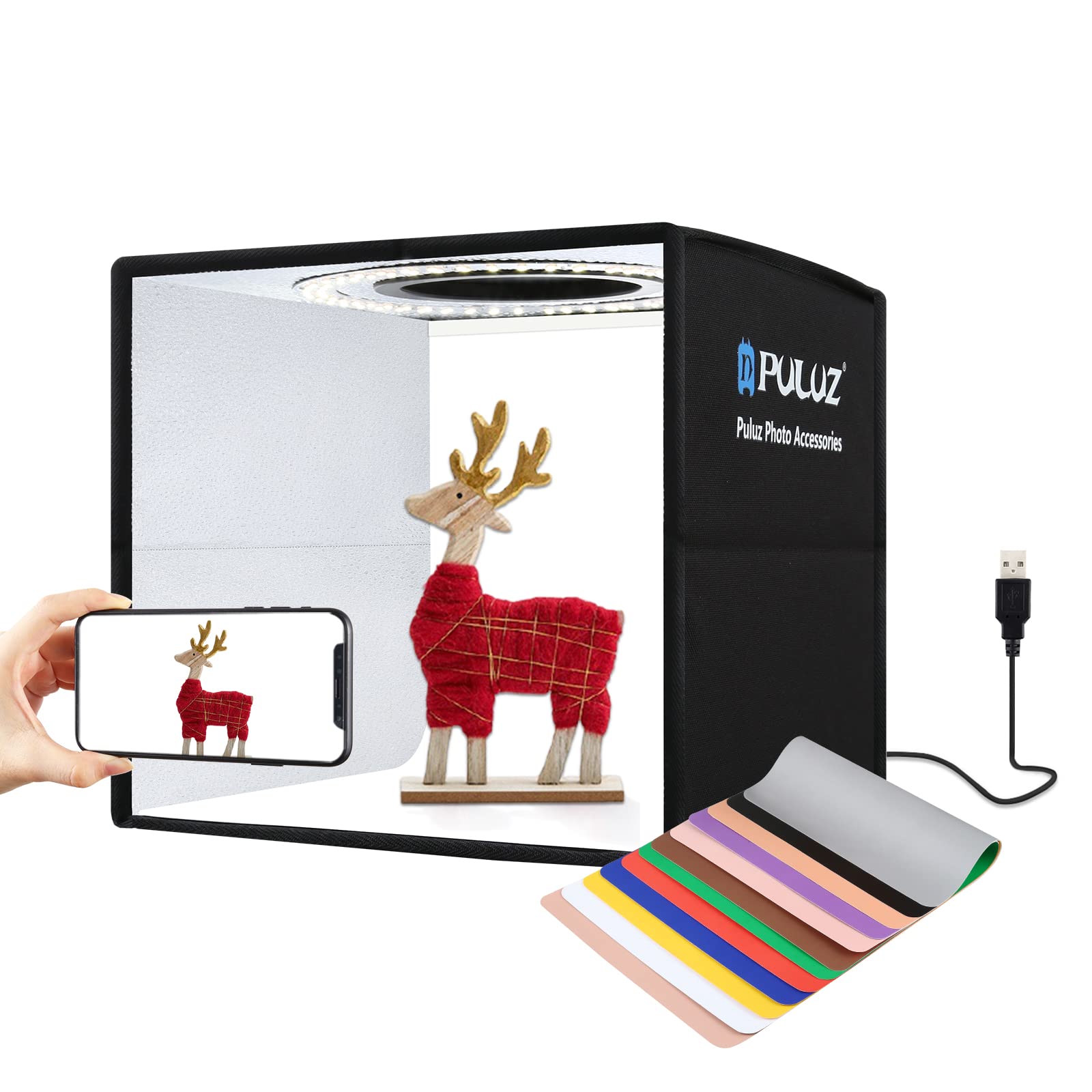 PULUZ 25cm撮影ボックス 折りたたみ 撮影キット ミニスタジオ 102個ledビーズ搭載 プラモデル 撮影ブース ディフューザー付き 写真撮影 ボックス 10光度調整可能 12色背景色付き テーブル撮影ボックス 物撮り用ボックス 小物撮影 自宅撮影
