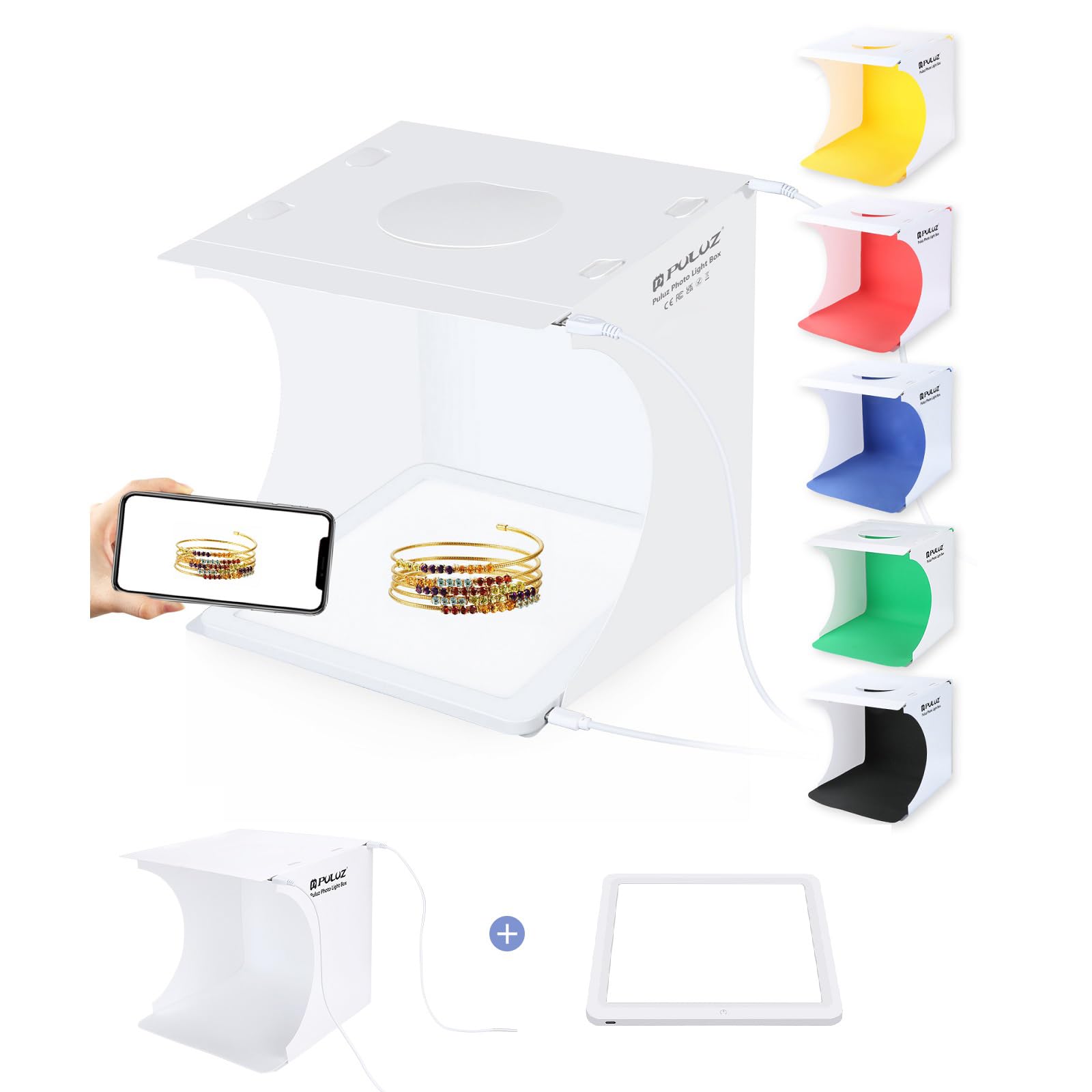 【送料無料】PULUZ 20cm撮影ボックス＋LEDシャドーレスランプパネル 撮影キット 、アクリル素材、背景布6色付属 組立簡単 折り畳みポータブル撮影 シャドウレス ソフトボックス 小物撮影 スタジオ撮影テントボックス 照明範囲 20cm x 20cm サイズ：23*24*23cm (20cm撮影