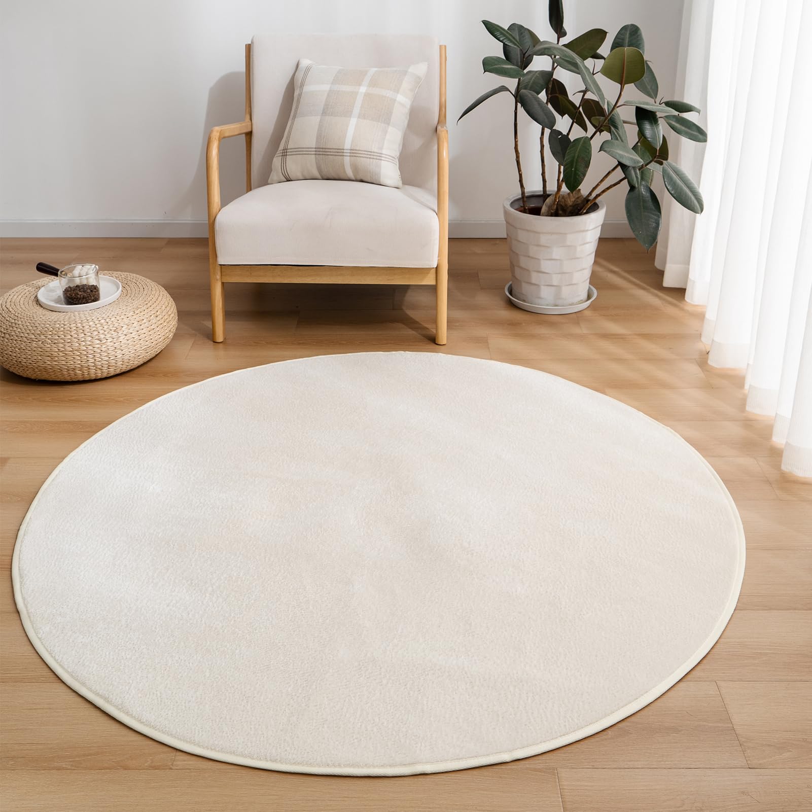 VK Living カーペットラグ 円形 ラグマット 直径200cm 洗える 絨毯 滑り止め付き 24時間持続制菌消臭 オールシーズン フランネル 床暖房 ホットカーペット対応 可愛い 丸 お手入れ簡単 アイボリー VKJ143-200R-IV