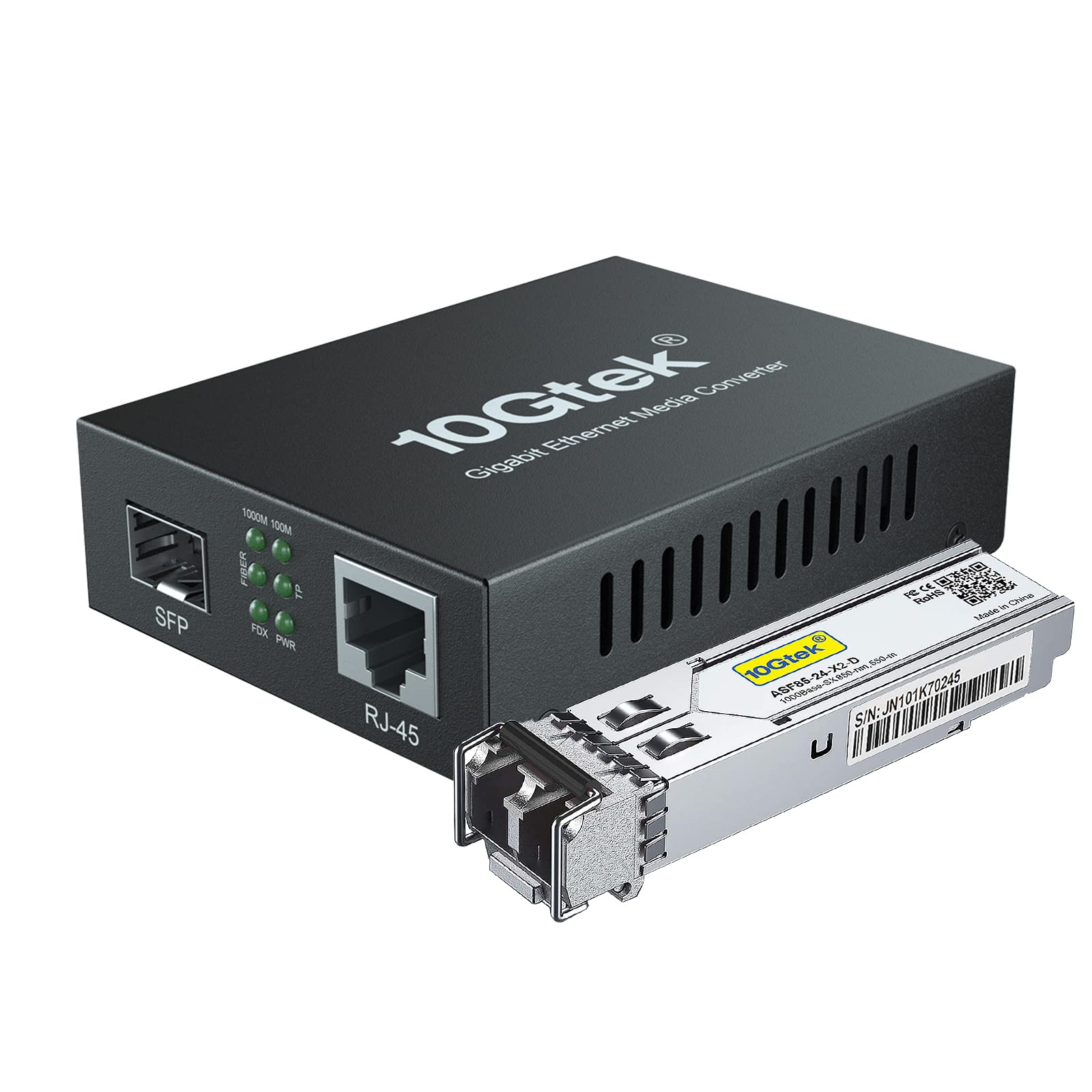 10Gtek ギガビット 光メディアコンバーター マルチモード デュアルLCファイバー 1.25Gb/s SFPモジュール to 10/100/1000Base-Tx 1000Base-SX SFP 付き （850nm 550m）