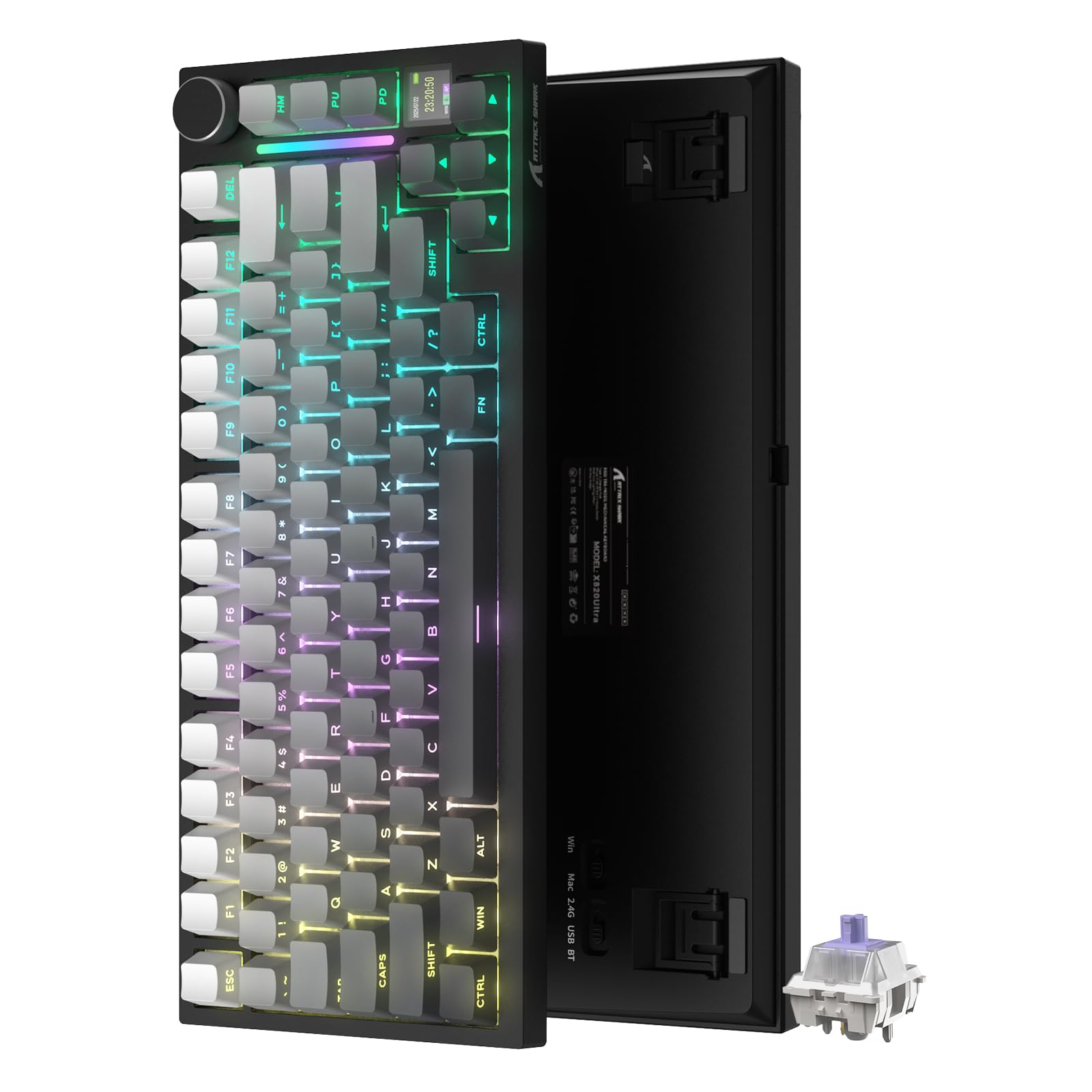 ATTACK SHARK X820Ultra ゲーミングキーボード ギフトスイッチ グレー 3WAY接続 無線 有線 Bluetooth ワイヤレス 低遅延 ノブ付きTFTスマートディスプレイ テンキーレス 英字配列 ガスケットマウント 4000mAh A