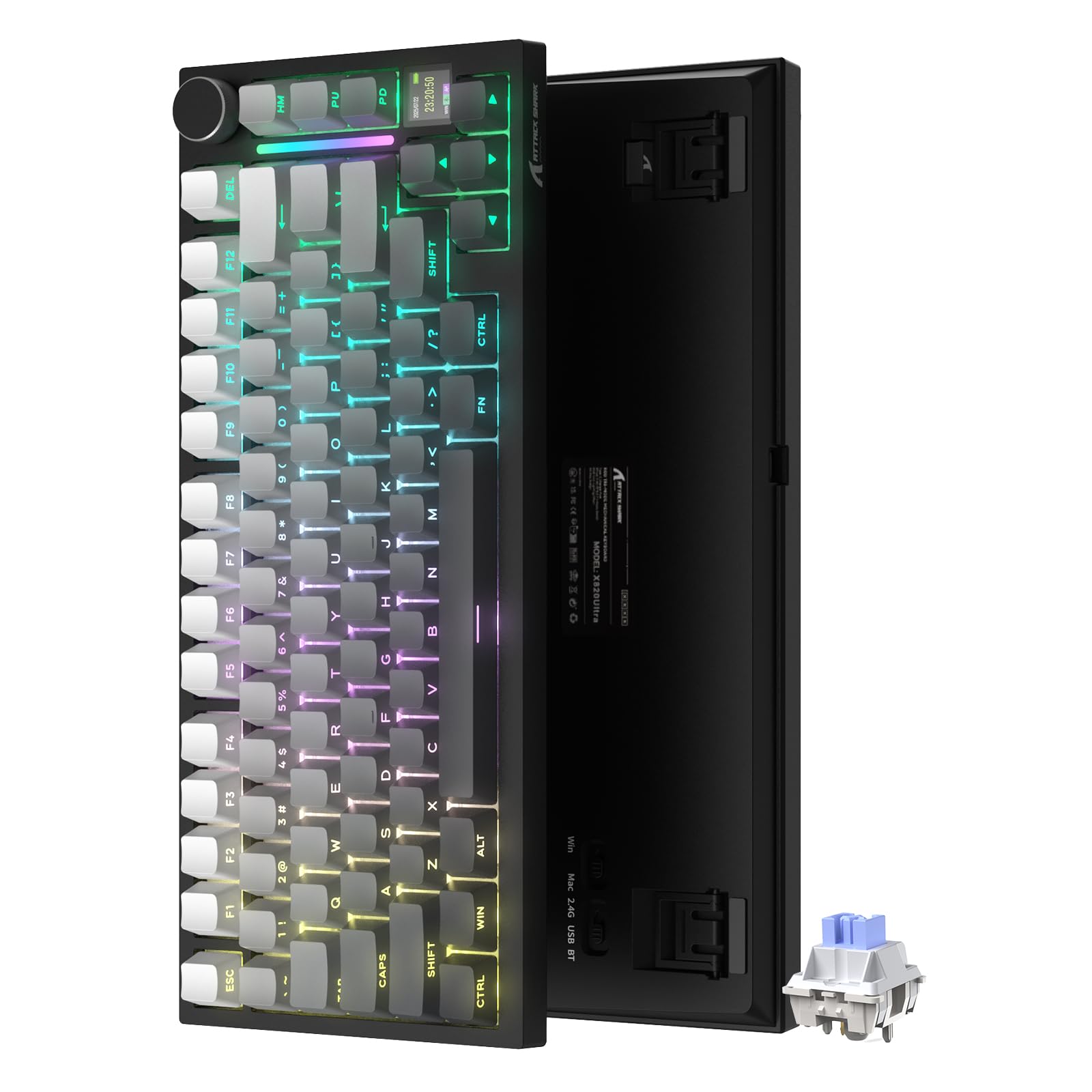 ATTACK SHARK X820Ultra ゲーミングキーボード シャークスイッチ グレー 3WAY接続 無線 有線 Bluetooth ワイヤレス 低遅延 ノブ付きTFTスマートディスプレイ テンキーレス 英字配列 ガスケットマウント 4000mAh