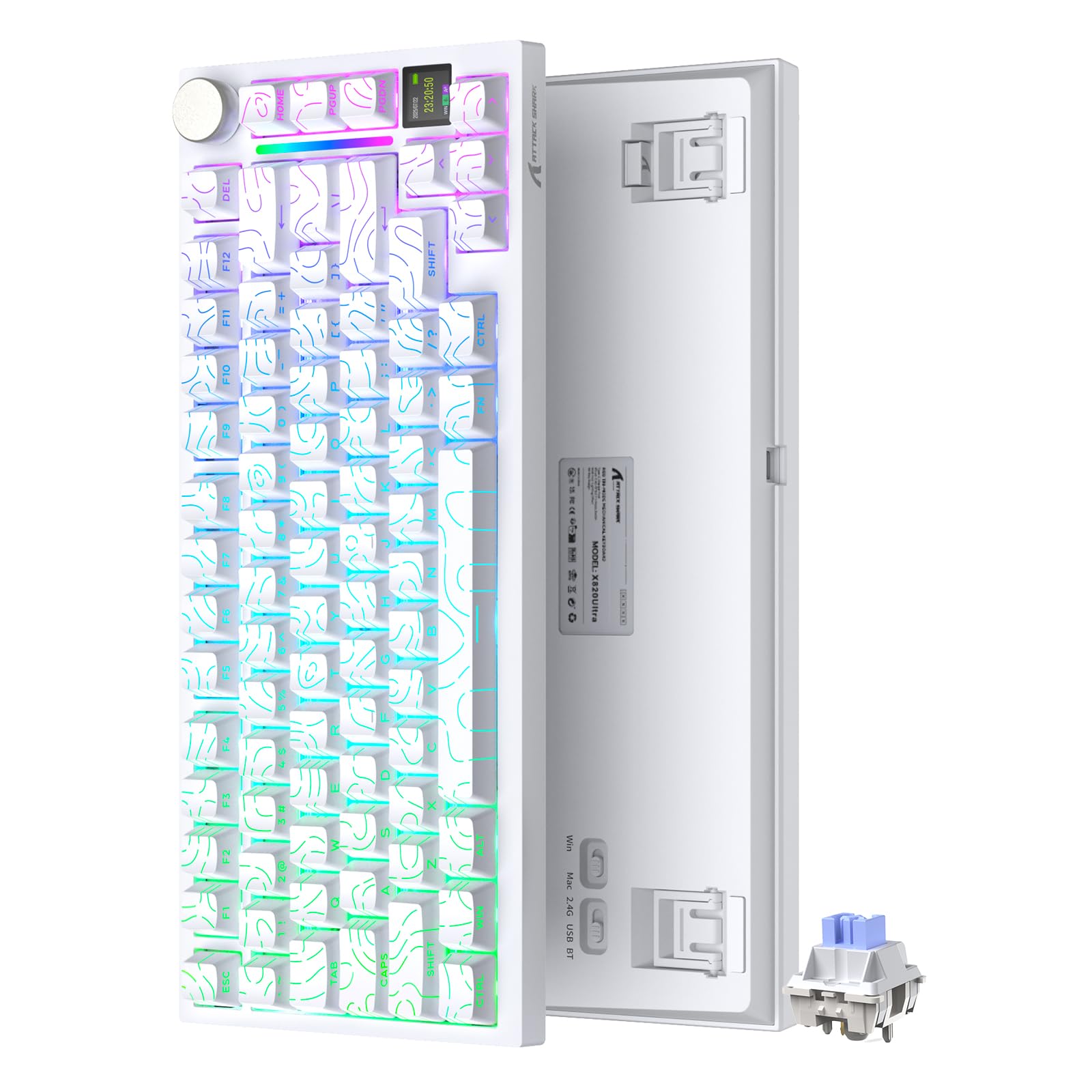 ATTACK SHARK X820Ultra ゲーミングキーボード シャークスイッチ 等高線白 3WAY接続 無線 有線 Bluetooth ワイヤレス 低遅延 ノブ付きTFTスマートディスプレイ テンキーレス 英字配列 ガスケットマウント 4000mAh