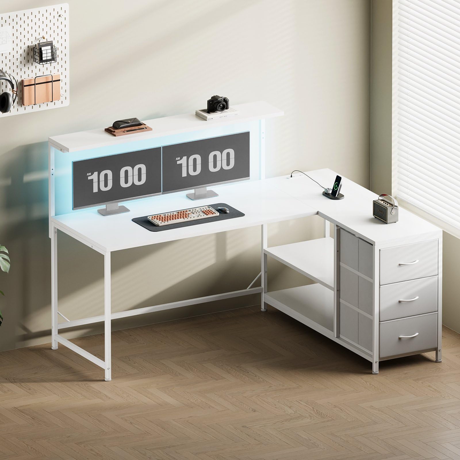 Rakuten - YeTom l字デスク 幅120cm パソコンデスク 机 pcデスク モニタ台の高さ調節可能 コーナーデスク 本棚付き 引き出しとコンセント付き 左右入れ替え対応 オフィスデスク 勉強机 学習机 ホームオフィス用 白い