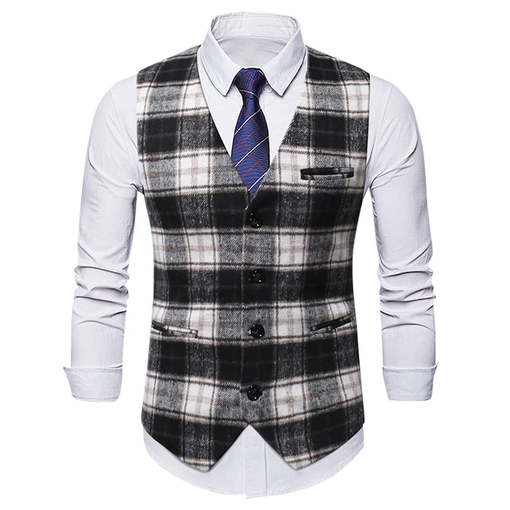 [YFFUSHI] メンズ ベスト フォーマル 格子柄 尾錠付き 2色 カジュアル スーツ 紳士 結婚式 ビジネス 上質 縞模様 春夏秋冬 ブラウン ブラック