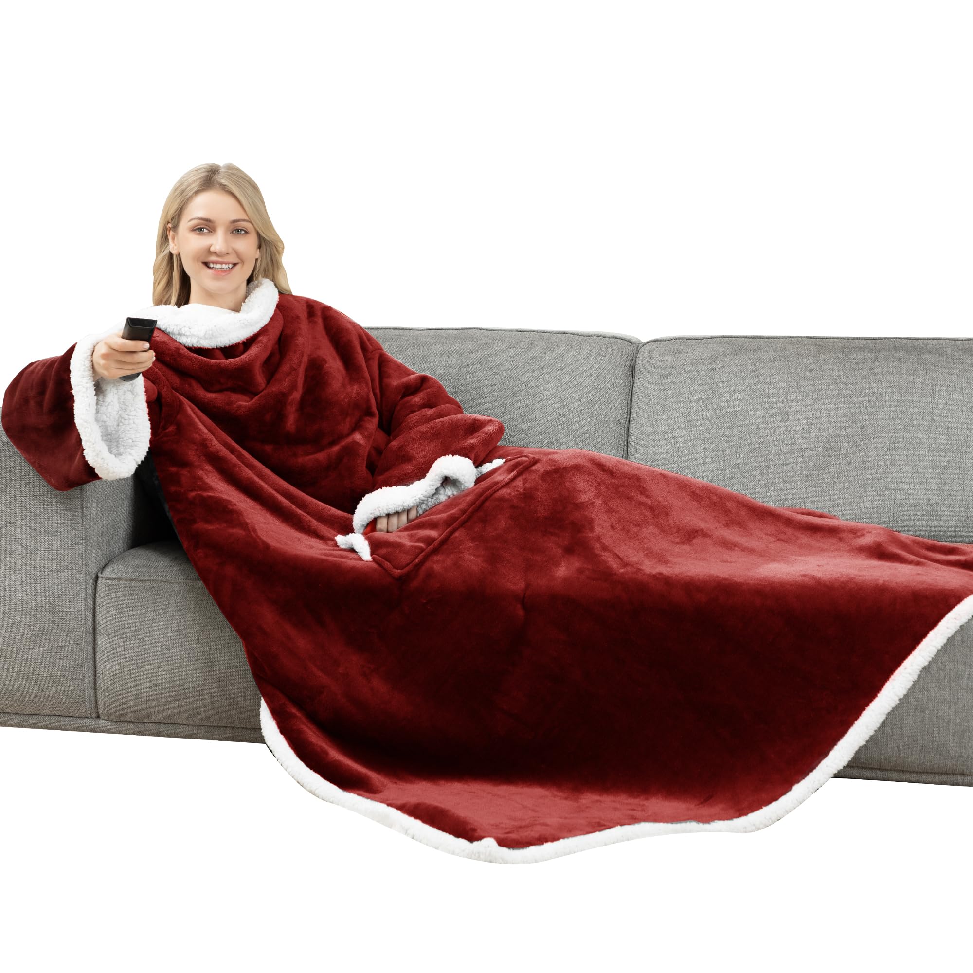 [Winthome] 袖付き毛布 裏ボア 極暖 着るブランケット 大人用 厚手 メンズ レディース 大きいサイズ 冬 防寒 ソファー オフィス リビング 暖かい 洗える ギフト対応 ポケット付き (ワインレッド, 140×180CM)