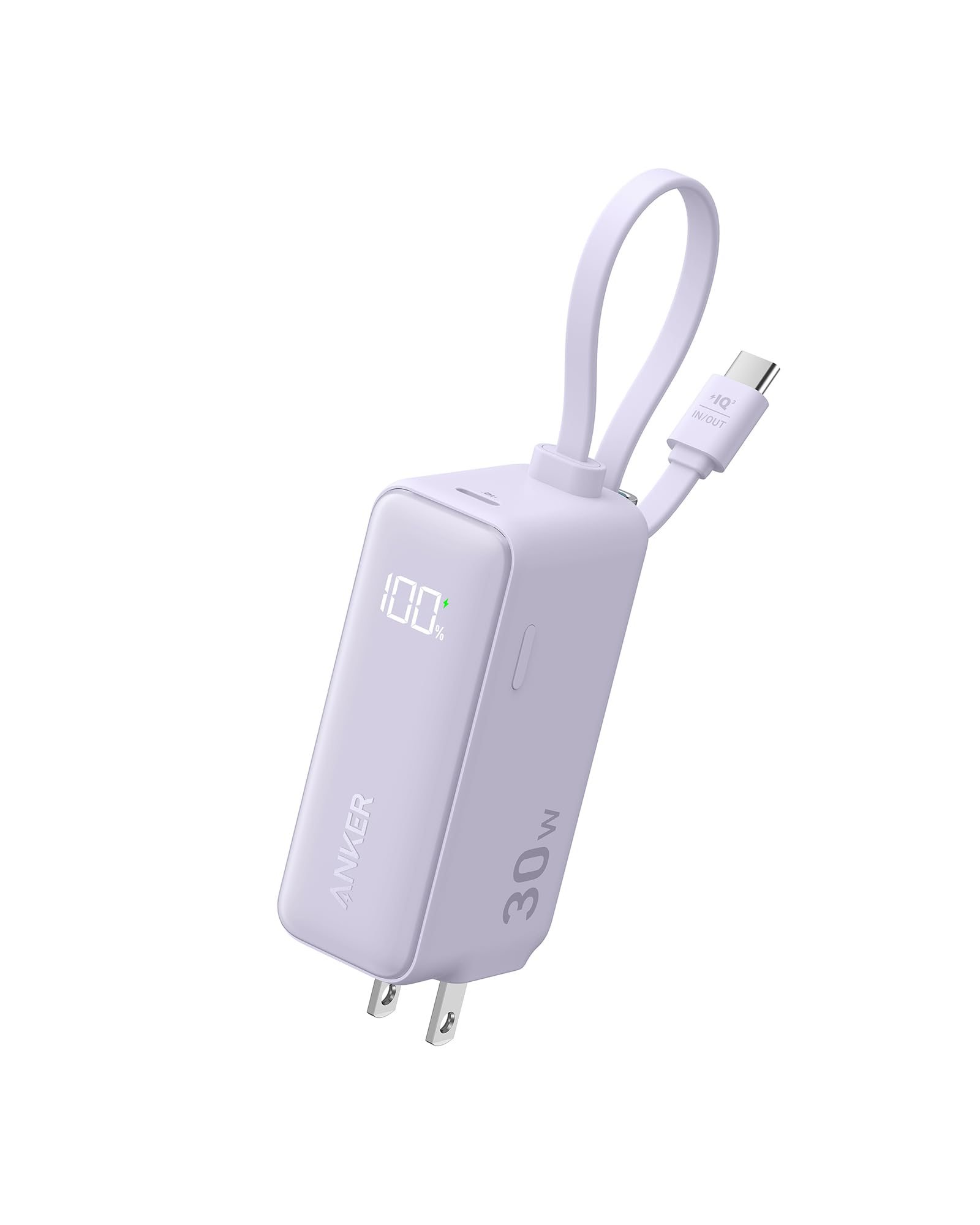 Anker Power Bank (30W, Fusion, Built-In USB-C ケーブル) (5000mAh 22.5W出力モバイルバッテリー搭載 30W出力充電器) / LEDディスプレイ搭載/USB-Cケーブル一体型/コンセント一体型/折り