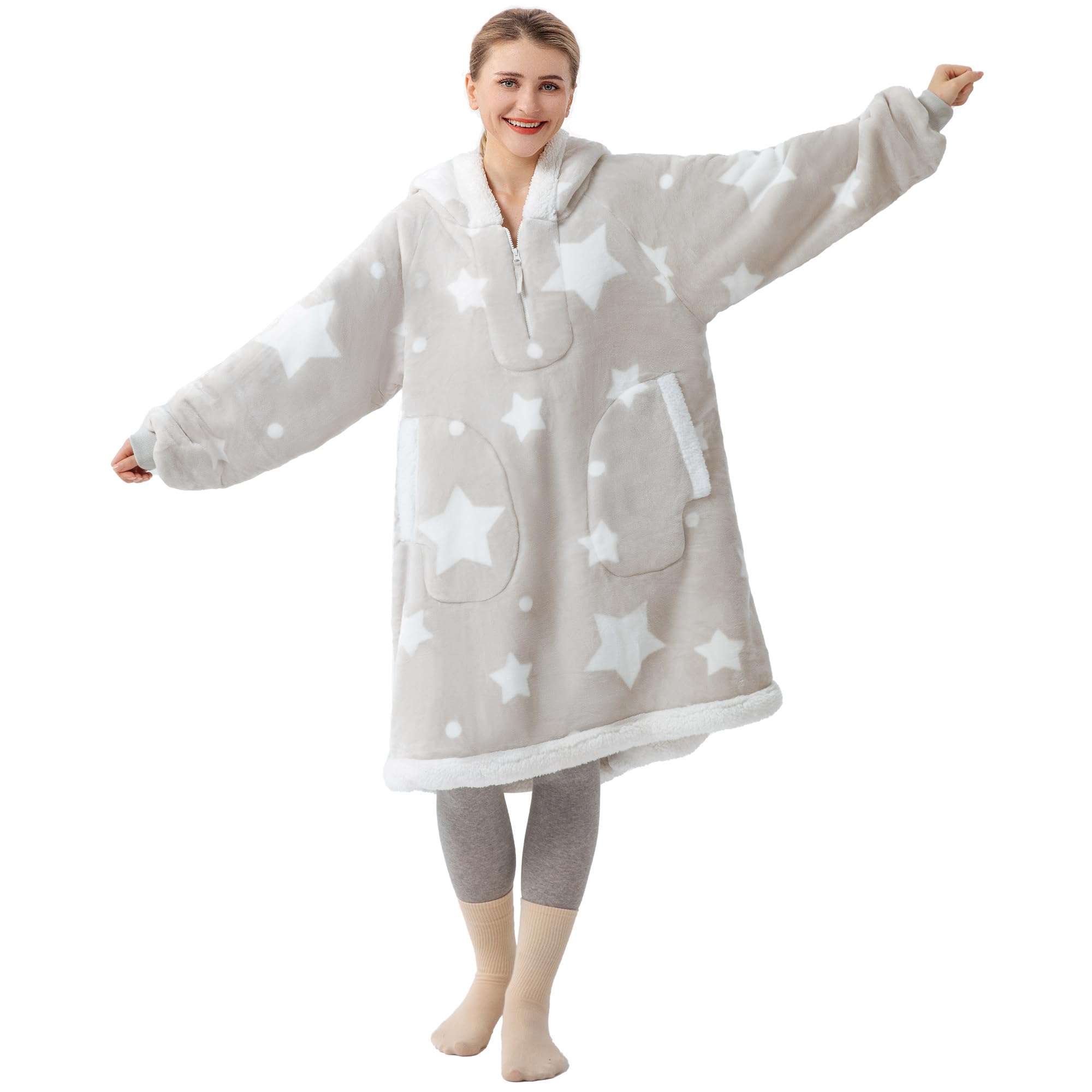 Winthome 極厚手着る毛布 ジッパー付き ゲーミング ルームウェア 二層生地 ボア付き 厚手 もこもこ パジャマ 部屋 ロング丈 オーバーサイズ ガウン ...