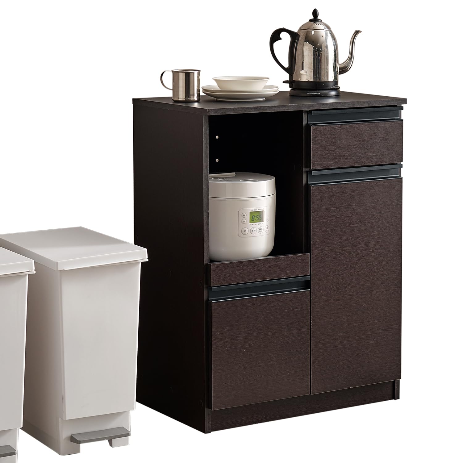 萩原 レンジボード 幅60 食器棚 キッチンラック レンジ台 作業台 大容量 2口コンセント 扉付き ダーク..