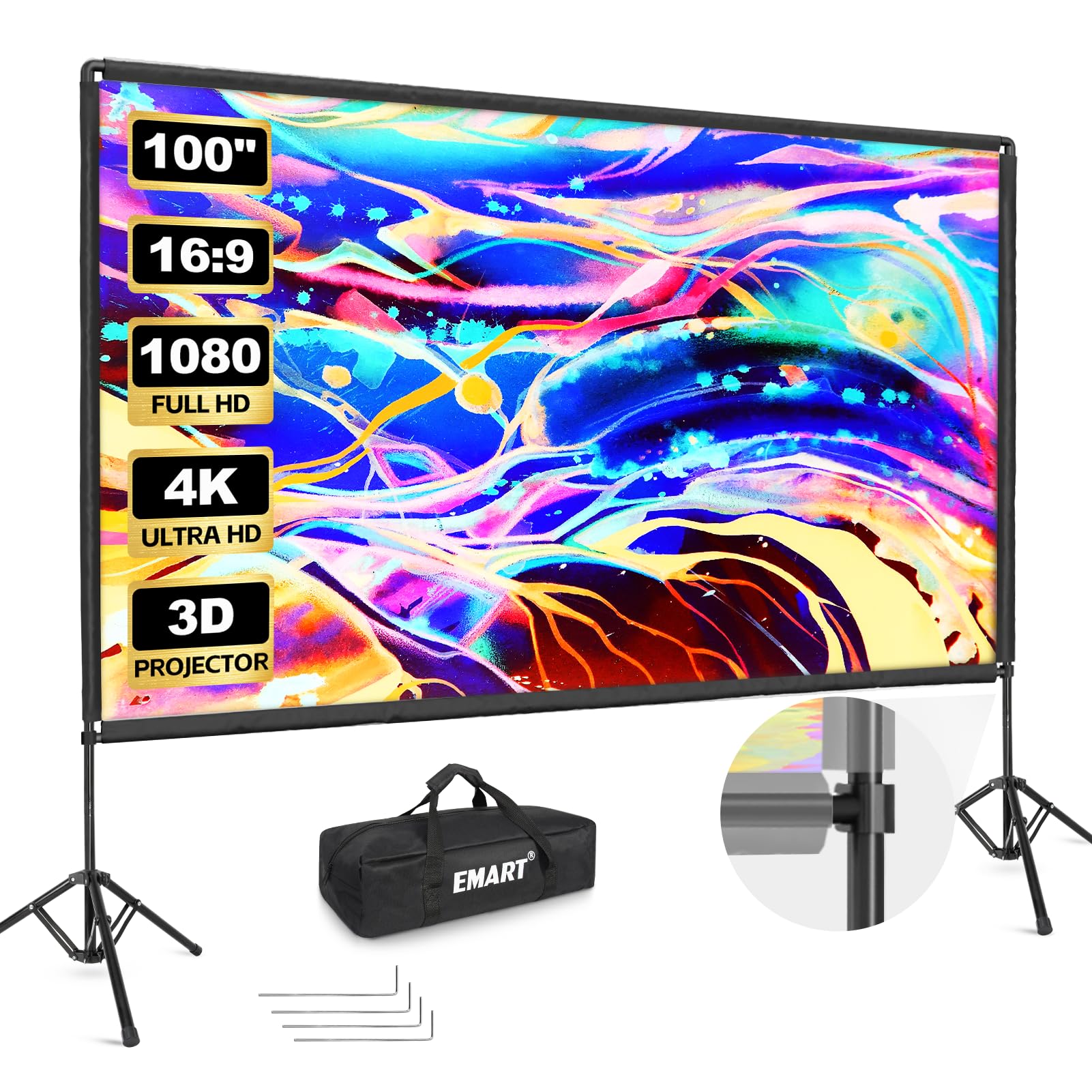 EMART プロジェクター スクリーン 100インチ 4K 16:9 HD 3D対応 スタンド付き  ...