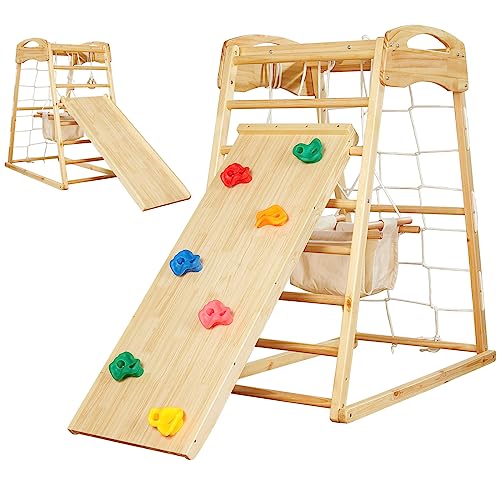 FUNLIO 7-in-1木製クライミングおもちゃ、パインウッドと水性塗料で作られた屋内遊び場、スイング、滑り台、クライミングネット、クライミングロック、はしご、モンキーバー、体操リング付きのジャングルジムのサムネイル