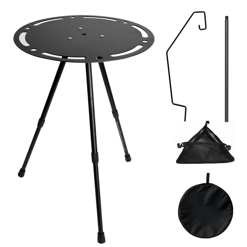 Msnaile サイドテーブル キャンプ テーブル 丸型 高さ調整可能 アルミ合金製天板 折り畳み式アウトドアテーブル コンパクト 軽量 ランタンスタンド付き 三角ネットポケット付き 収納袋付き ソロキャンプ 釣り(3)