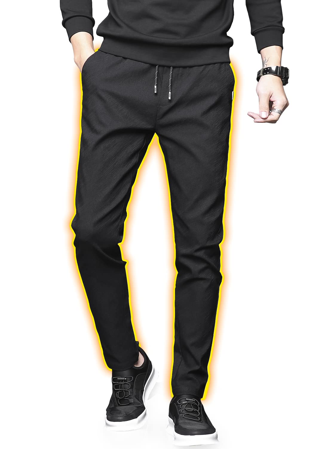 [NEWHEY] チノパン メンズ 裏起毛パンツ 防寒ズボン 秋冬服 厚手 保温 スキニーパンツ 暖かい スーパーストレッチ スウェット 長ズボン 男 細身デザイン 大きいサイズ ブラック 30/M