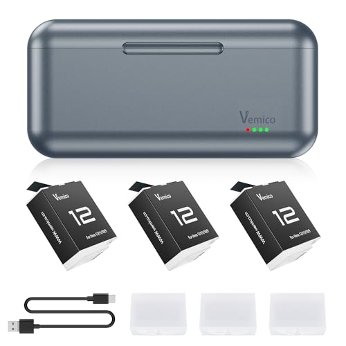 Vemico 寒冷地 Gopro Hero 12 Enduro バッテリー 1800mAh×3個 低温環境下対応 Hero 12/11/10/9 充電器セット USBケーブル一体型 収納ボックス式 充電量表示 デュアルバッテリーチャージャー 同時充電対応