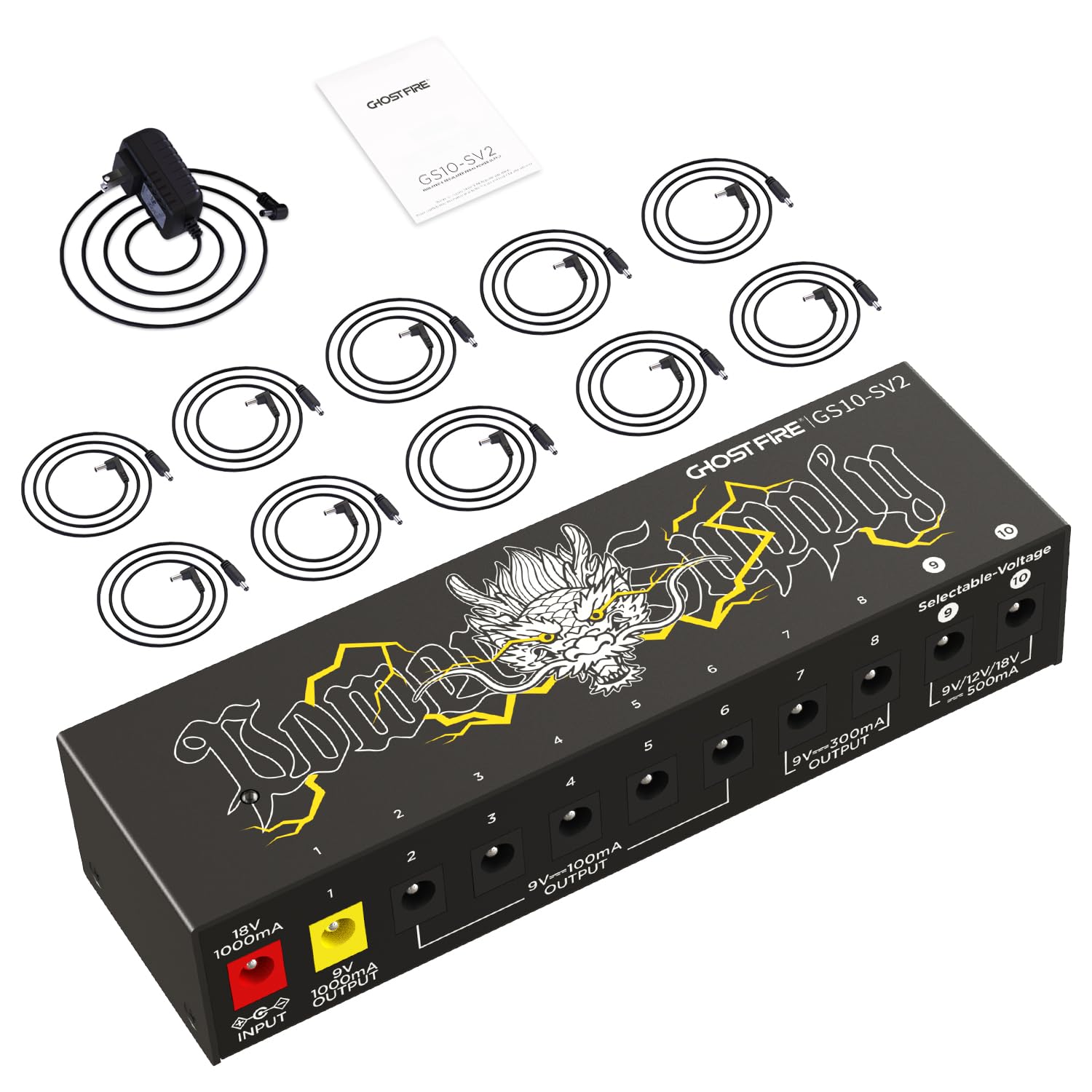 Rakuten - GHOSTFIRE エフェクター 電源 DC 9V / 12V / 18V 10チャネル ギターエフェクター 低ノイズ ケーブル付きGS10-SV2