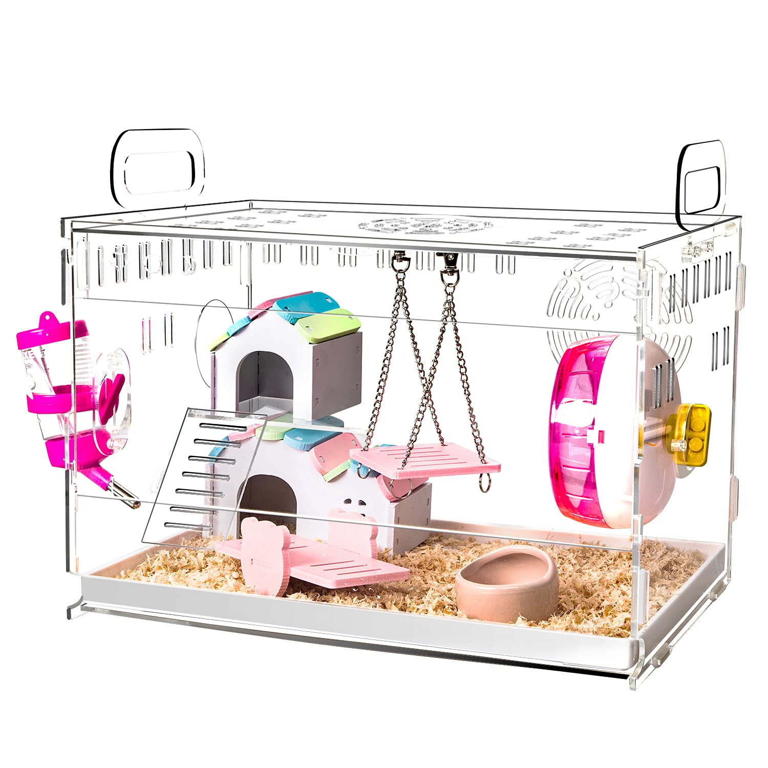 YOKITOMO ハムスターケージ 厚手タイプ 脱出にくい 驚きの透明感 まわし車 給水ボトルなど含めて7点セット 組立式 持ち運びやすい トレーデザイン お掃...