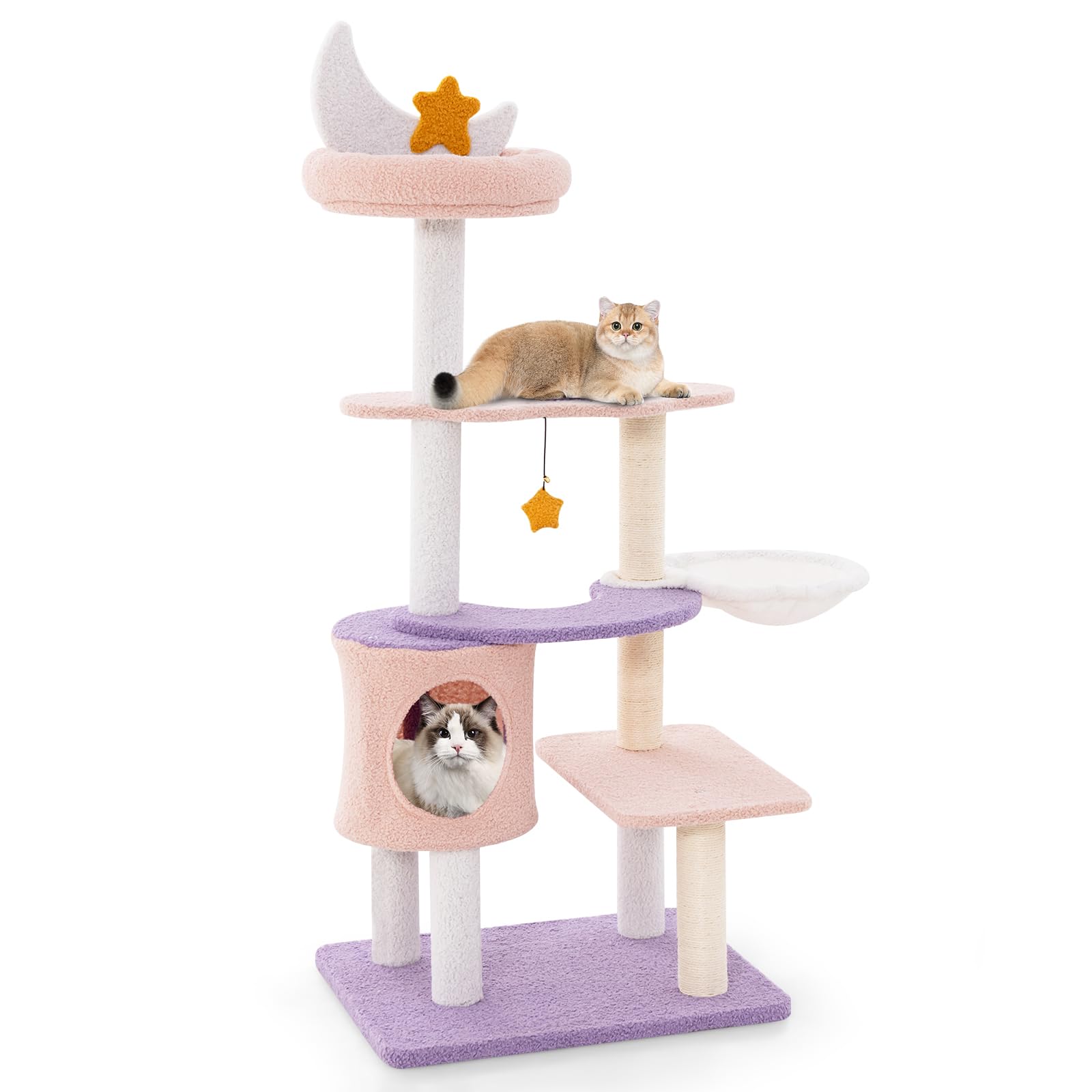 GYMAX キャットタワー 猫ハウス 猫タワー 猫部屋 ネコタワー 猫用 据え置き 天然麻紐 爪とぎポール 展望台 ハンモック ボンボンおもちゃ付き 多頭飼い 運動不足解消 猫おもちゃ 猫の遊び場 おしゃれ (パープル-140cm)