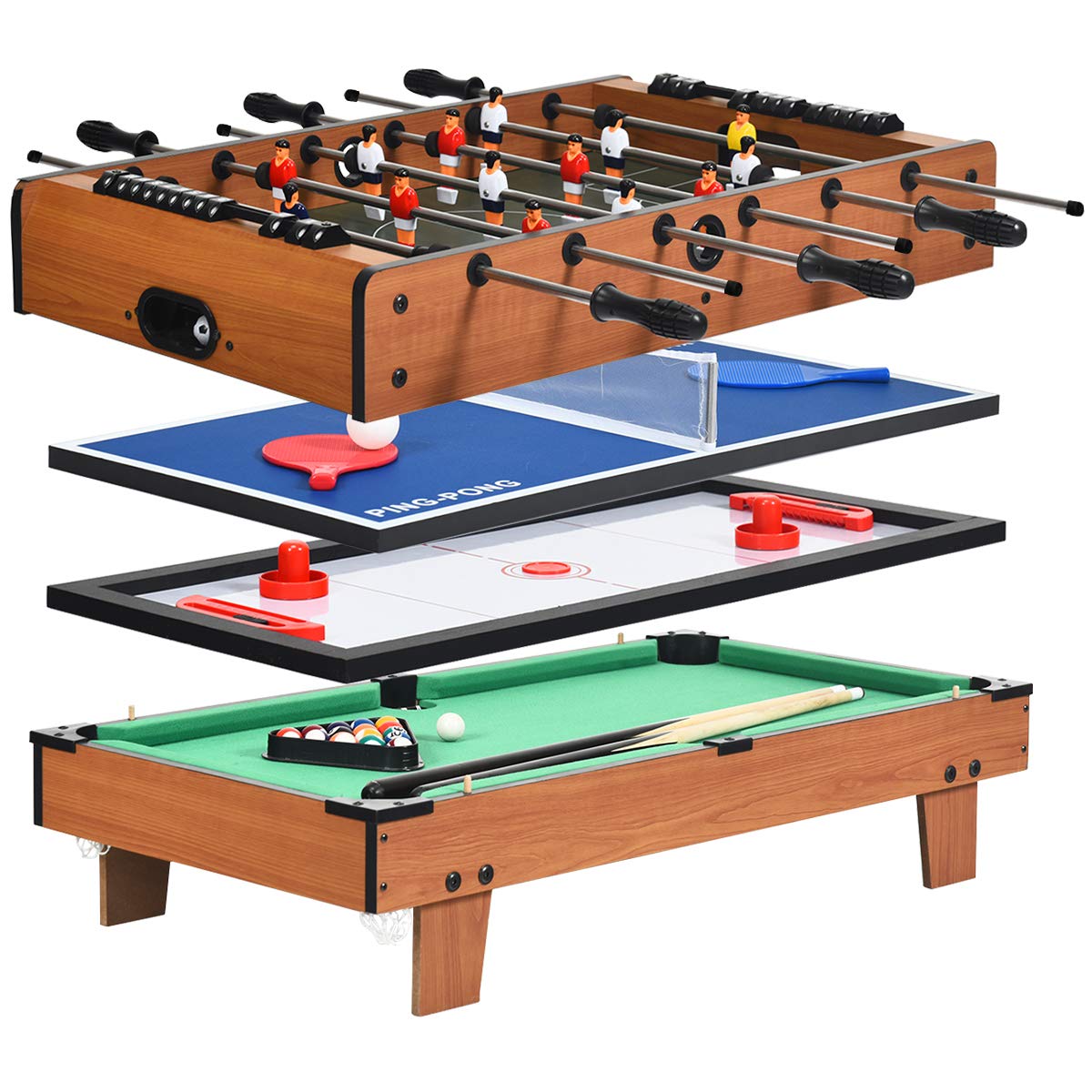 GYMAX ボードゲーム 6in1 対戦ゲーム 卓上 テーブルゲーム テーブルサッカーゲーム カーリング ビリヤード台 卓球台 ピンポン テーブルサッカー サッカー試合 対戦 卓上フーズボール 親子 家族 親友 (6in1)のサムネイル