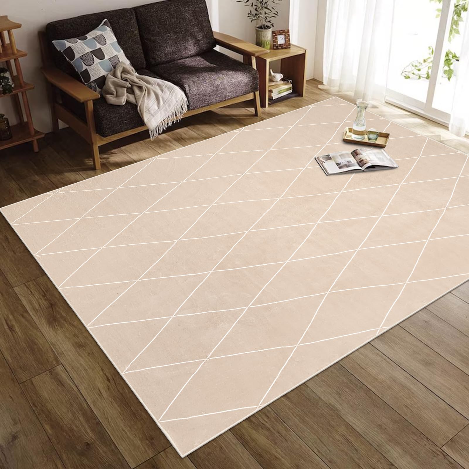 176 cm X 261 cm - HAOCOO カーペット 200х250cm 約3畳 滑り止め ラグ 洗える オールシーズン適用 ふわふわ 幾何学柄 北欧風 低反発 防音 室内用 長方形 ラグマット 夏用 アンティーク 抗菌防臭 エクルベージュ