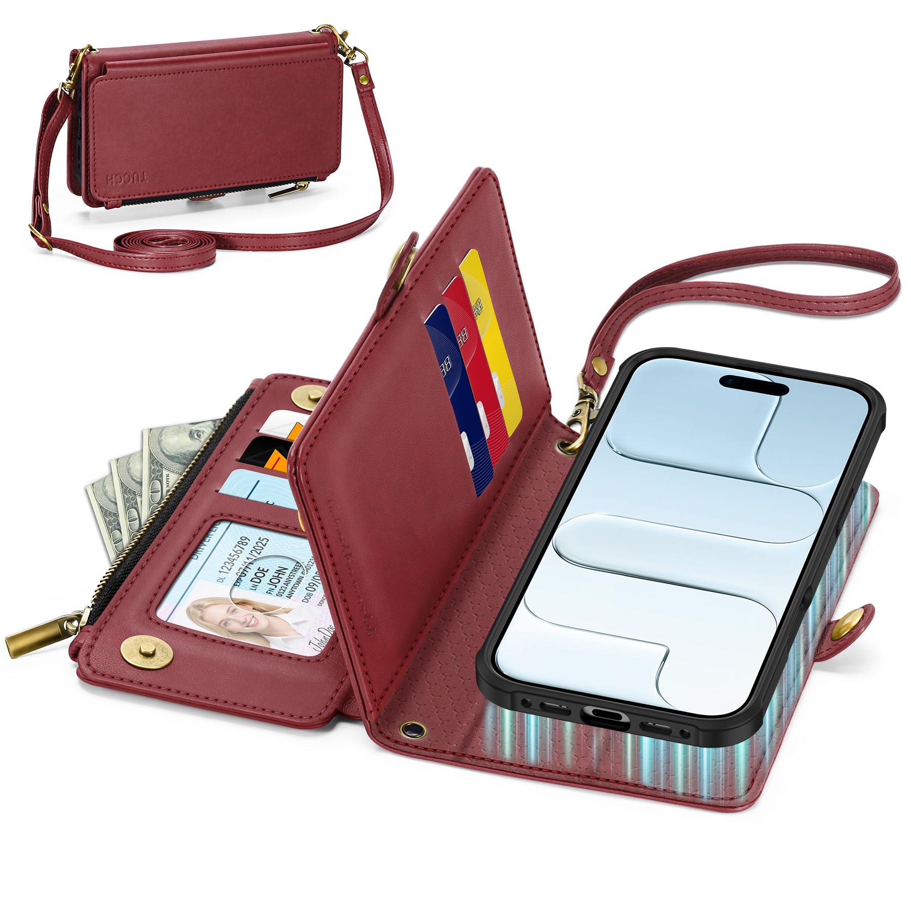 TUCCH iphone Air 対応 ケース 手帳型 2 in 1 分離式 6.5インチ ショルダー ストラップ付き 取り外し可 大容量 RFIDブロッキング 9つカードポケット ファスナー 肩掛け 斜め掛け 横置きスタンド機能 PU合皮 衝撃吸収 (2