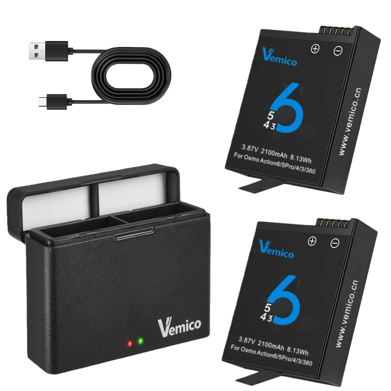 Vemico for dji Osmo Action 6バッテリー PSE認証済 2*2100mAh アクション 5 Pro/4/3 充電器キット 2個同時充電 アクション6互換battery オズモ5 pro電池 対応: For DJI Osmo Act
