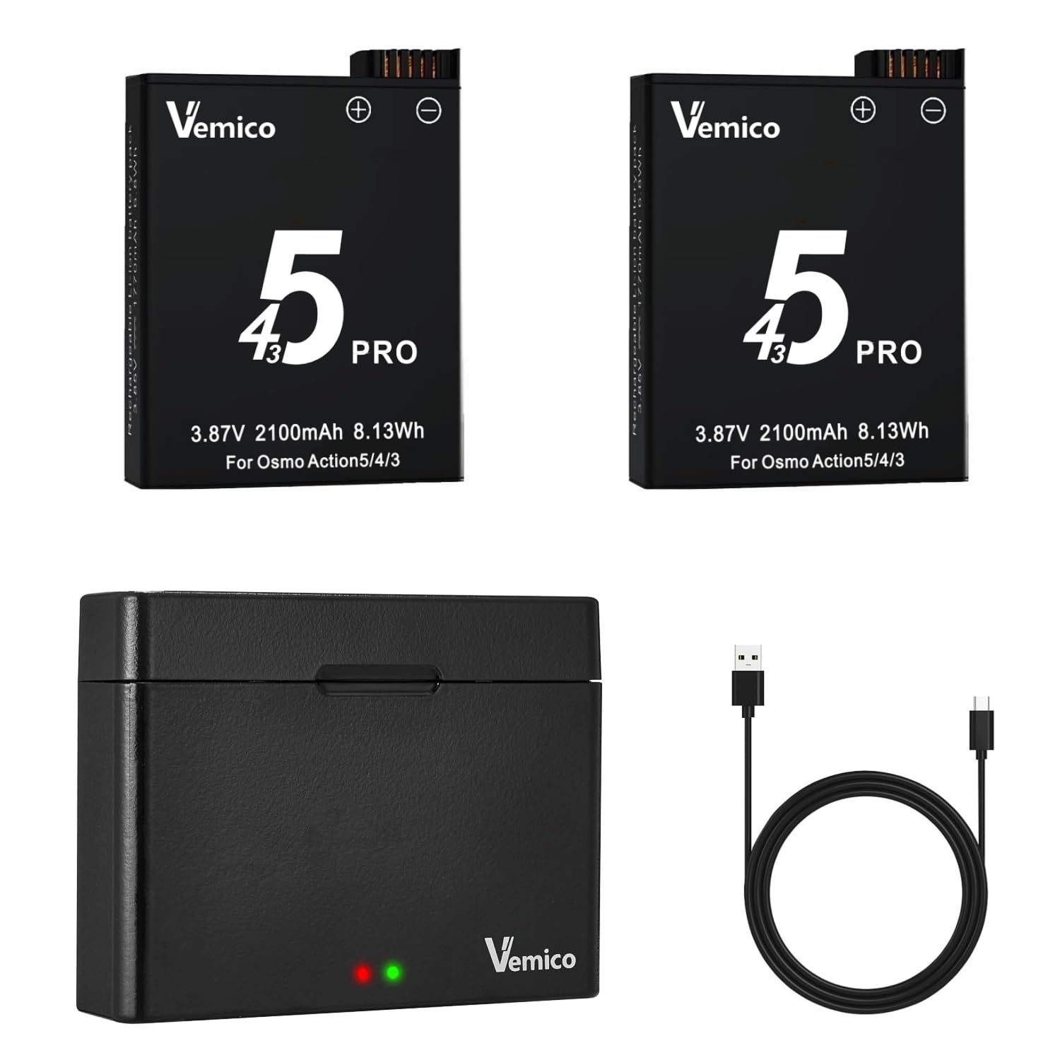 Vemico For DJI Osmo 360バッテリー 2*2100mAh大容量 Action5 Pro互換 LED充電器セット 2個同時充電 アクションカメラ用電池 Action 4/Action 3互換バッテリー オズモアクション5バッテリー 対応