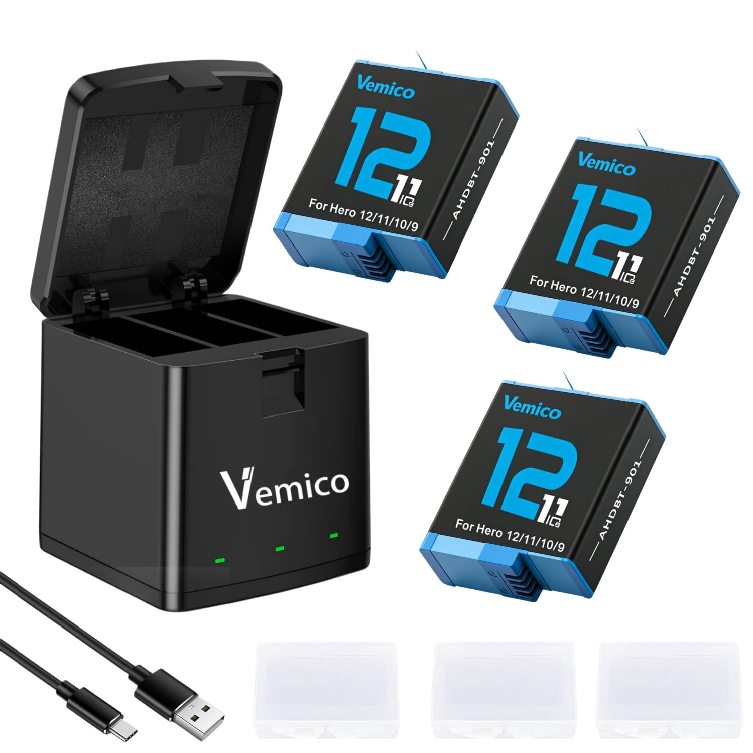 Vemico For Gopro Hero 12/Hero 11/Hero 10/Hero 9バッテリーセット 3個1800mAh互換 ヒーロー11大容量 for ゴープロ10予備バッテリー 同時充電 Type-Cポート付き 収納ボックス式 HERO9充電