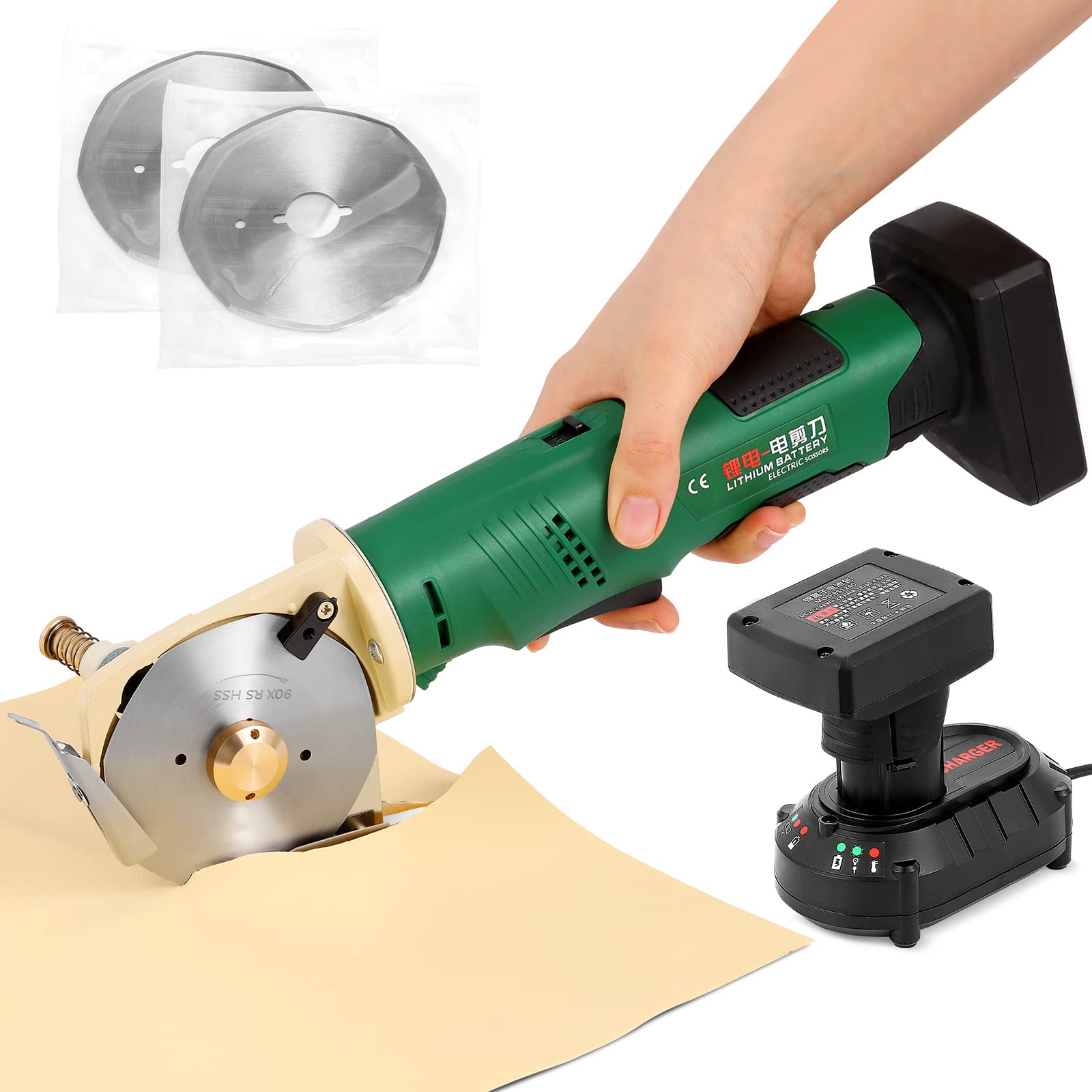 Spolehli 電池式 電動カッター コードレス 切断厚み33mm 軽量 170W 1400rpm 手持ち式裁断機 φ90替刃2枚付き 布/レザー/合皮/雑材/段ボールに適用 工事不要 日本語説明書付き (φ90 4000mAH)