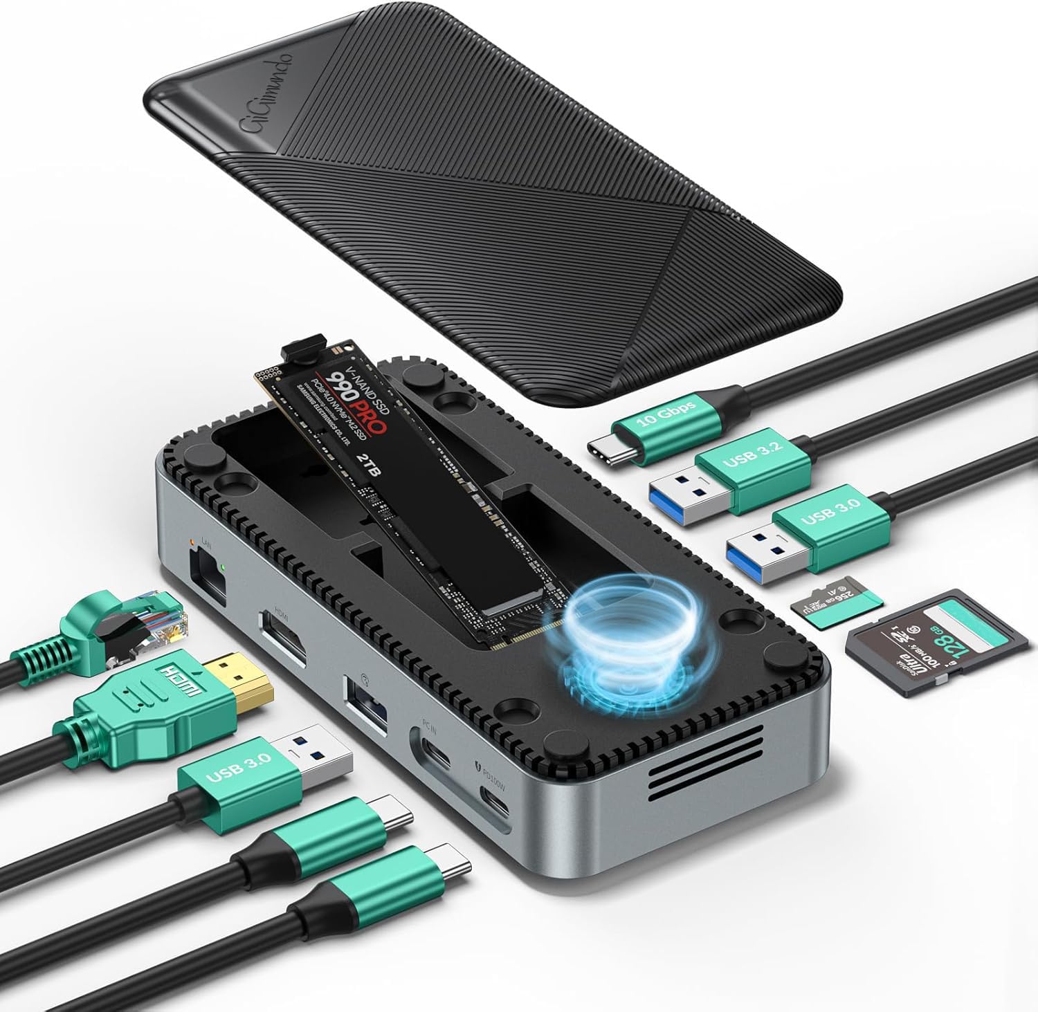 GiGimundo 10-in-1 M.2 SSD 外付けケース 10Gbps M.2 NVMe SSDエンクロージャー付きUSB Cハブ 内蔵ファン ドッキングステーション 高速データ伝送 M.2 NVMe/SATA SSDリーダー 4K@60Hz HD