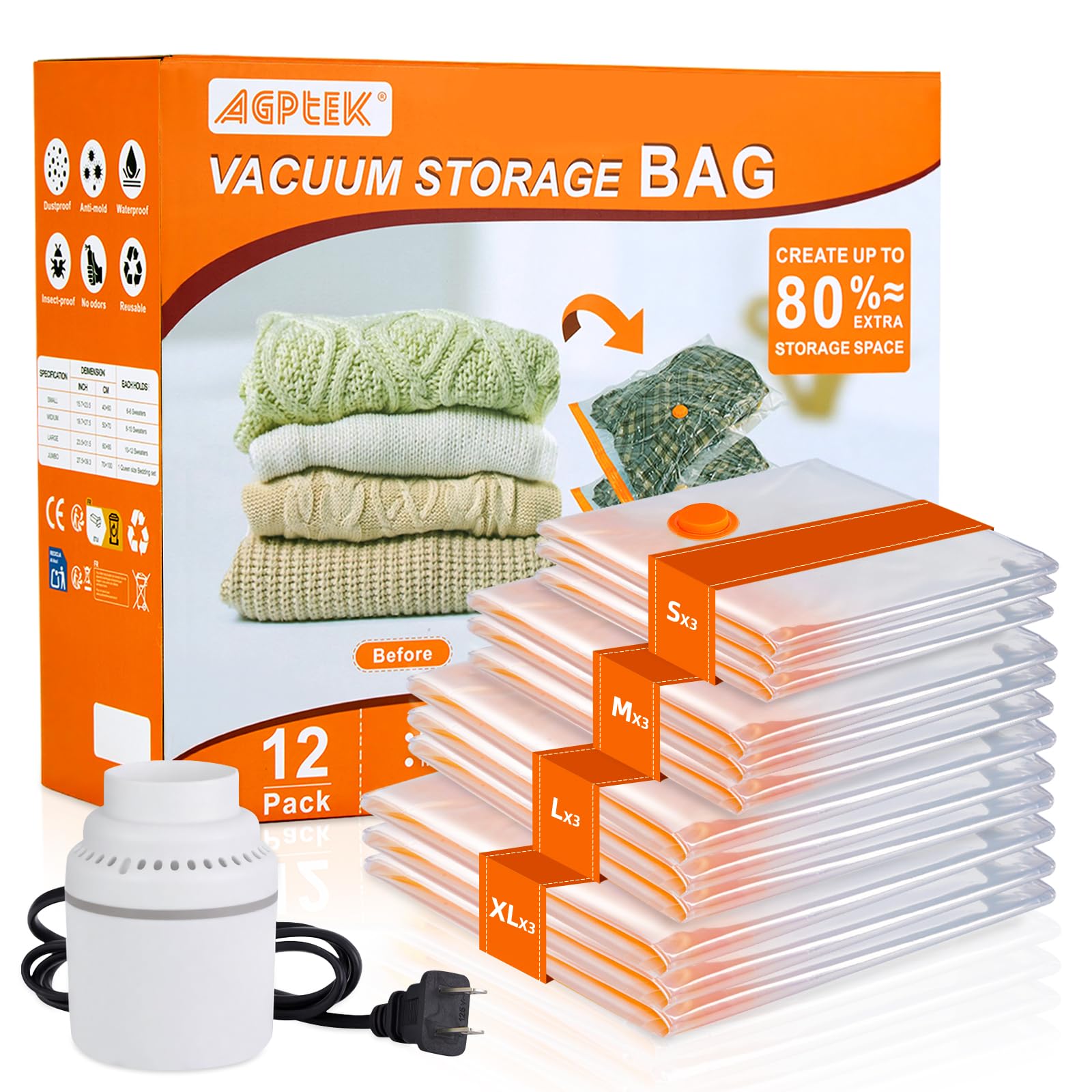 圧縮袋 AGPTEK 布団圧縮袋 衣類圧縮袋（12枚セット, S/M/L/XL各3枚 電動ポンプ付き）真空パック 掃除機対応 ふとん収納袋 PA+PE材質 防湿 防塵 防カビ 防虫 ダニ対策 毛布収納可 引越し 旅行 出張 梅雨季節 着替え 敷布団収納