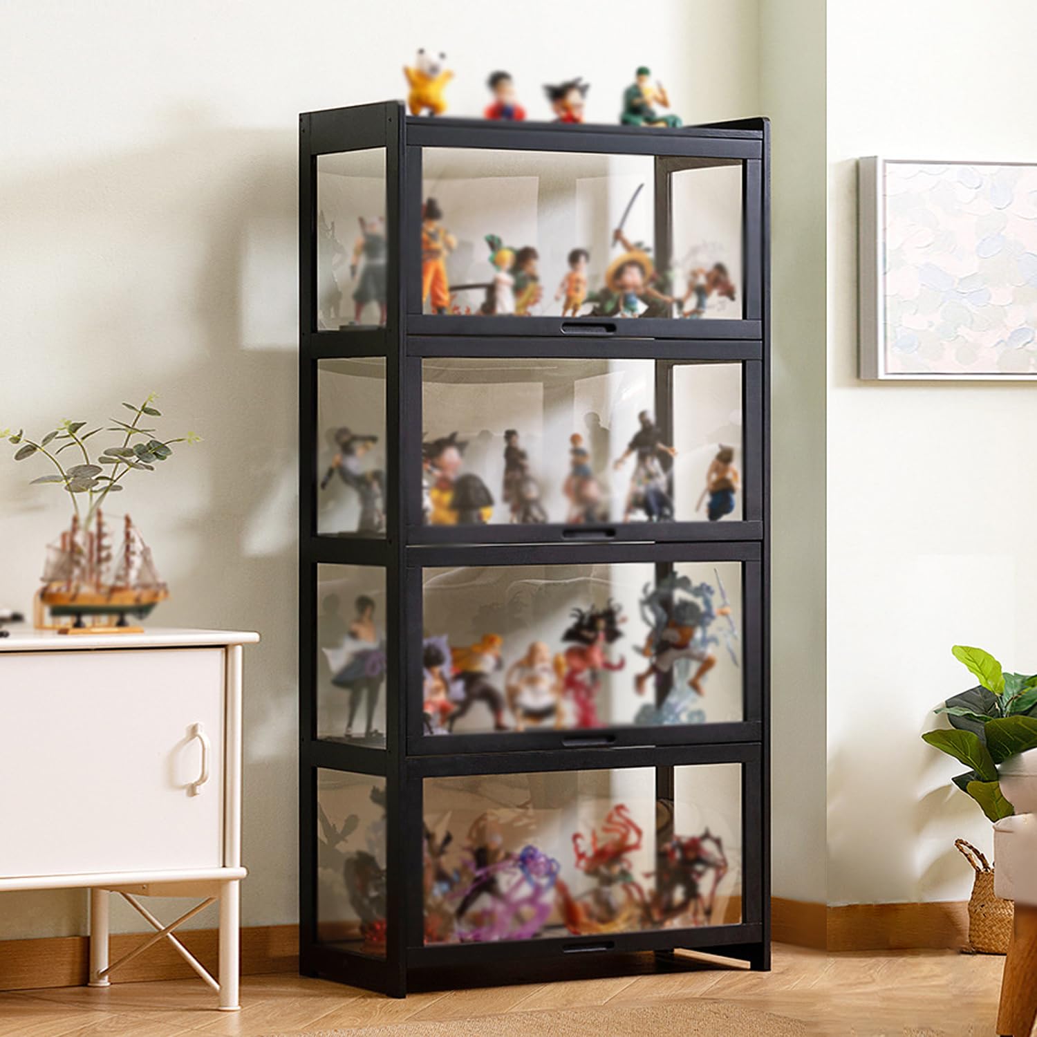 YangAera コレクションケース 新しい厚くする コレクションボード 竹枠 アクリル フィギュアケース ショーケース 四層長さ70cm 大容量のストレージ コレクションキャビネット ガラスケース フィギュア グッズ コレクションラック(ブラック)