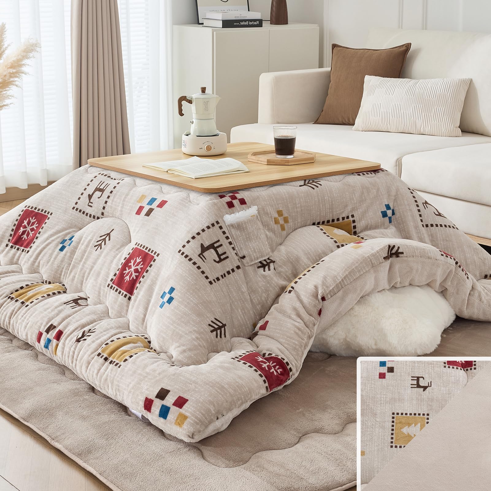 VK Living こたつ布団 正方形 単品185×185cm 中綿1.5kg 【SUPER HOT】 発熱綿使用+LockHeat速暖発熱繊維 撥水加工 ポケット付き フィットキルト こたつ掛け布団 リバーシブル 両面使える フランネル 24時間持続制菌