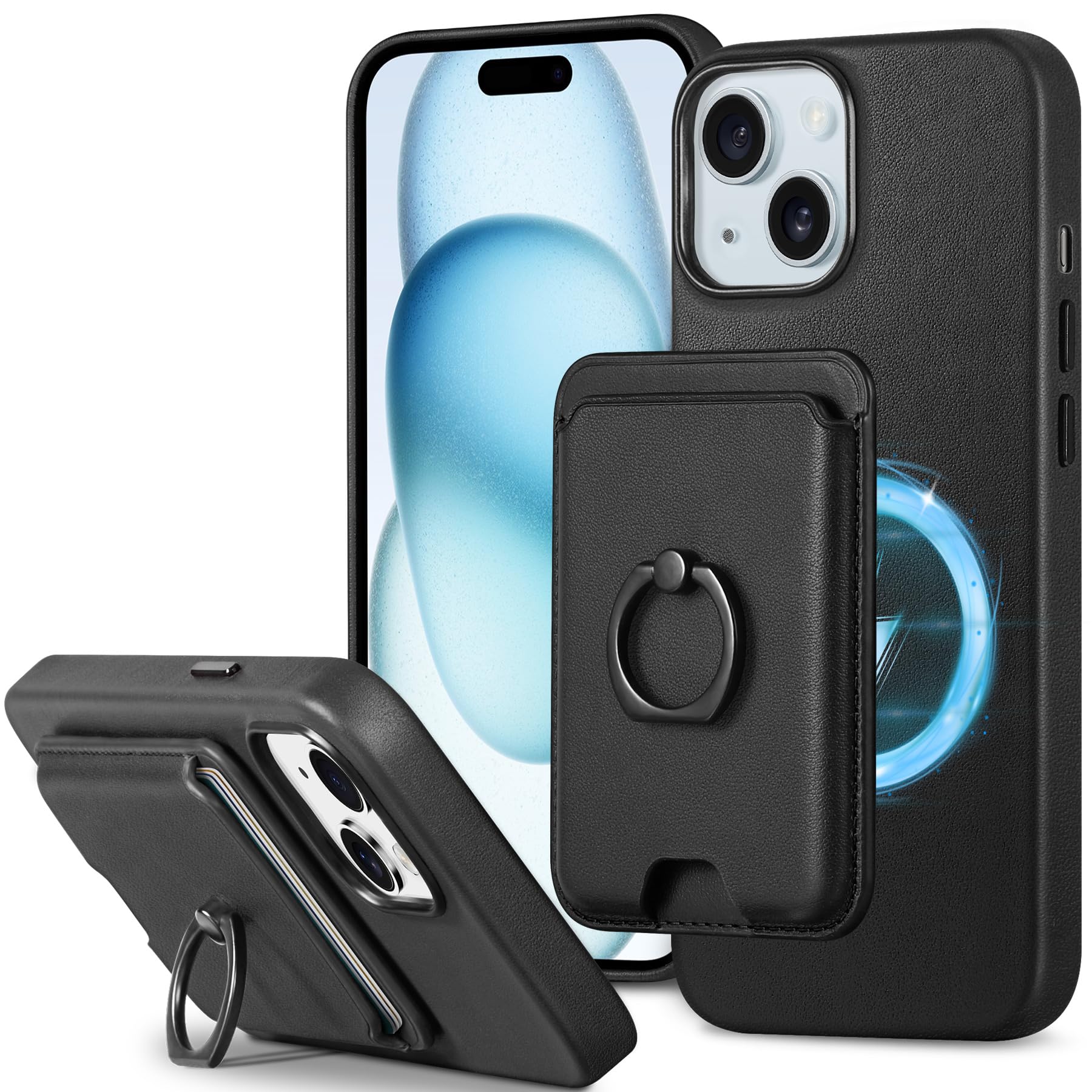 SHIELDON iPhone 15Plus 対応 ケース 本革 磁力吸着カードホルダー付き 3枚収納可 [RFIDブロッキング]ウォレットケース リング付き バンパー あいふぉん15プラス カバー ワイヤレス充電対応 磁気充電可 横置きスタンド機能 角度
