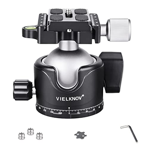 VIELKNOV 46mm 低重心 ボール雲台 アルミ 360度回転 ボールヘッド パノラマ アルカスイス互換 クイックシュー 自由雲台 3/8"-1/4"ネジアダプター付き 一眼レフ DSLR ビデオカメラ用 最大耐荷重20Kg