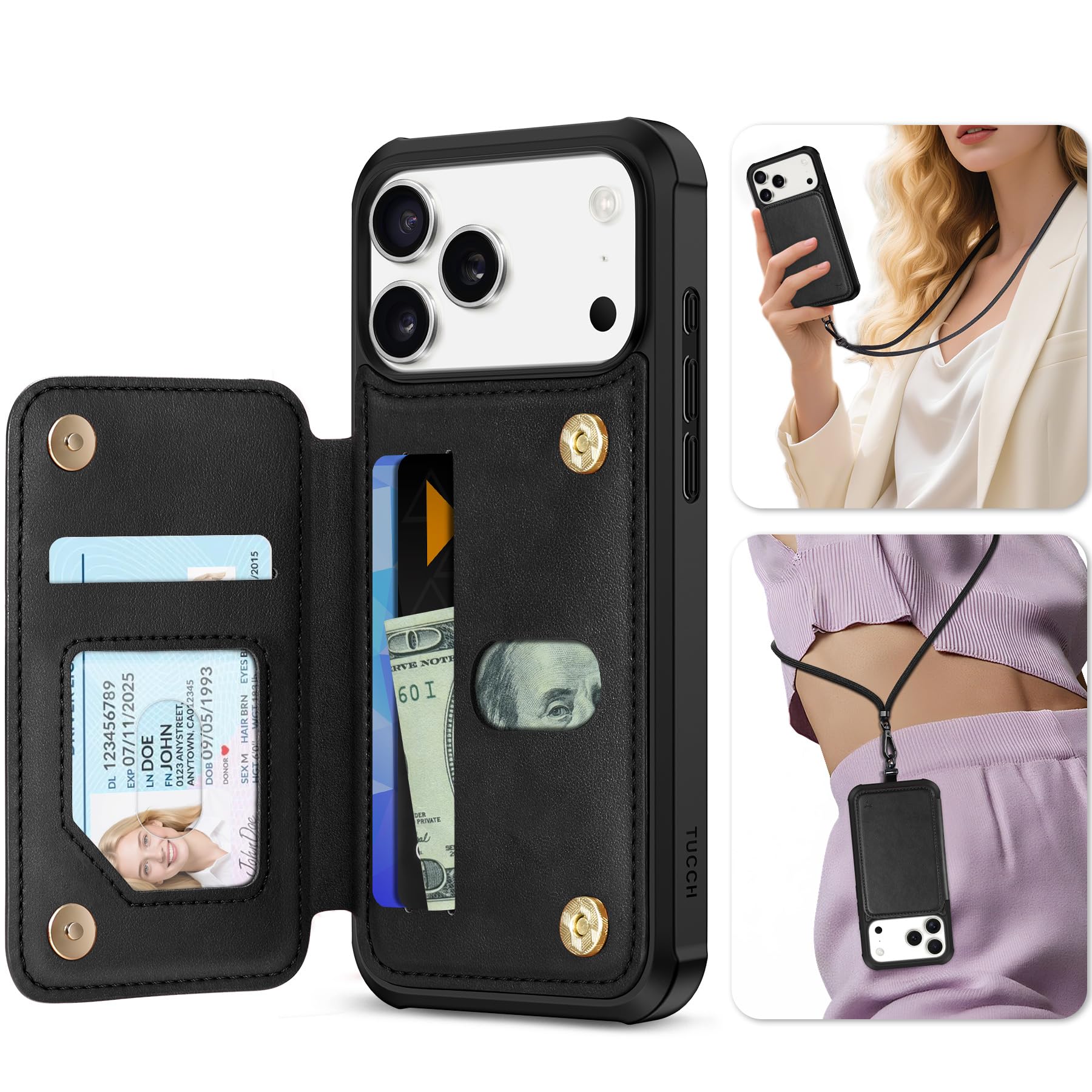 TUCCH iPhone 17 Pro Max 対応 ケース ショルダーストラップ付き 背面カード収納 6.9インチ PUレザー RFIDブロッキング 3つカードポケット ストラップホール付き 取り外し不可 TPU素材 滑り止め 衝撃吸収 マグネット開閉