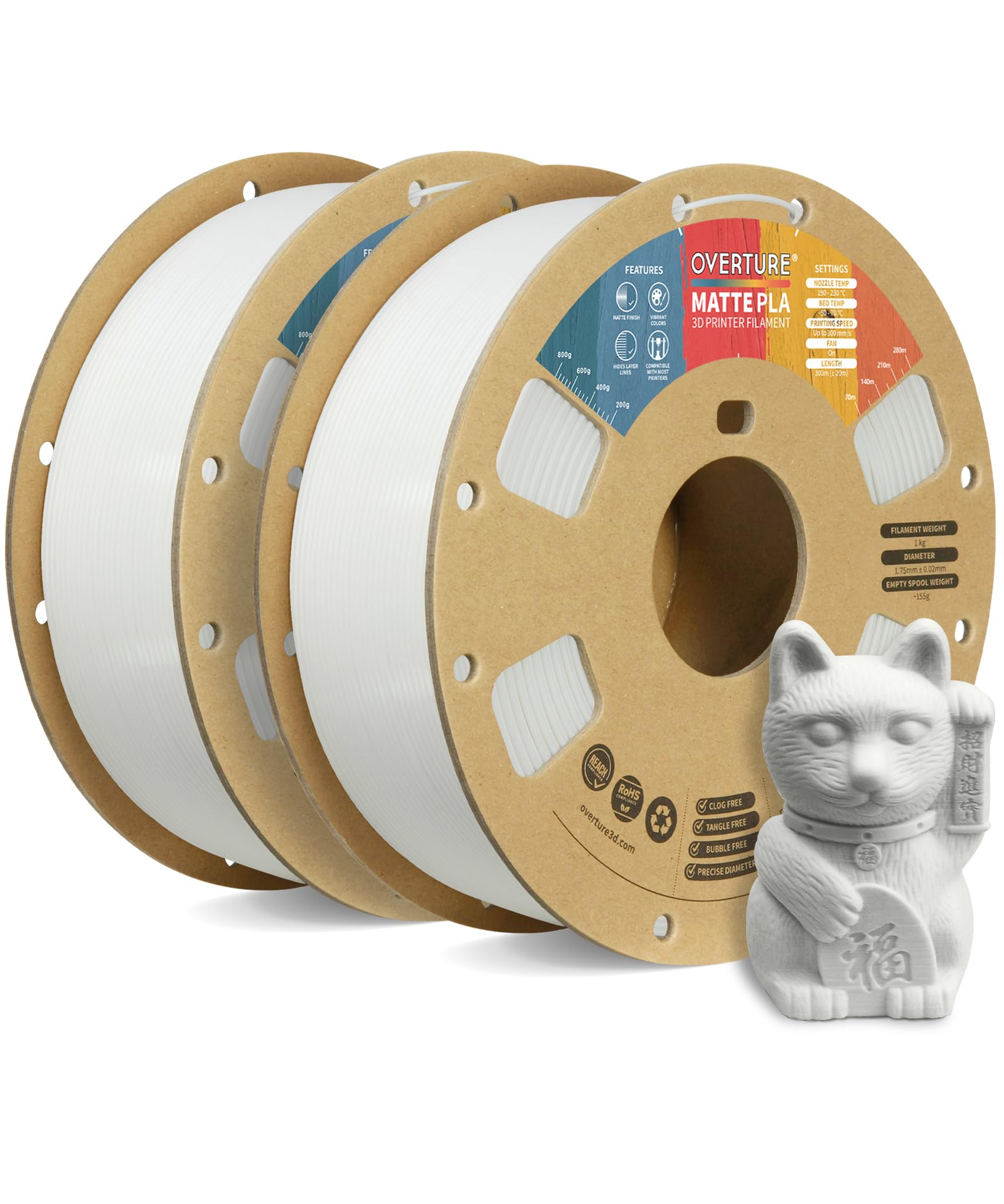 Rakuten - OVERTURE マット PLA フィラメント素材 1.75mm アップグレード版 3Dプリンター フィラメント, マット PLA 2KG スプール (4.4 LBS) Matte PLA フロステッドテクスチャー (マットホワイト*2)