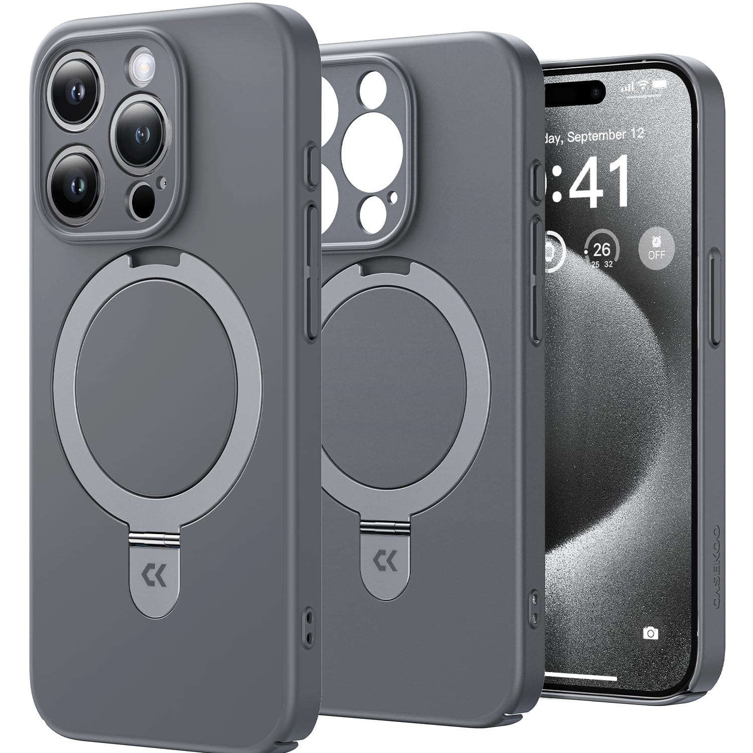 【極薄！機能充実】CASEKOO iPhone 15 Pro Max 用 ケース Magsafe対応 隠しスタンド 全面保護 スリム 薄型 ストラップホール付き 携帯カバー ワイヤレス充電対応 いphone15Pro Max ケース グレー
