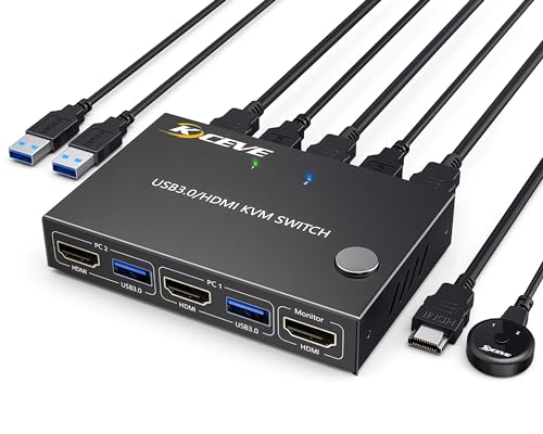 HDMI KVM切替器、PC切替器2入力1出力4K@60Hz、2つUSB3.0ハブ備えたUSB切替器セレクター、ワイヤレスキ..