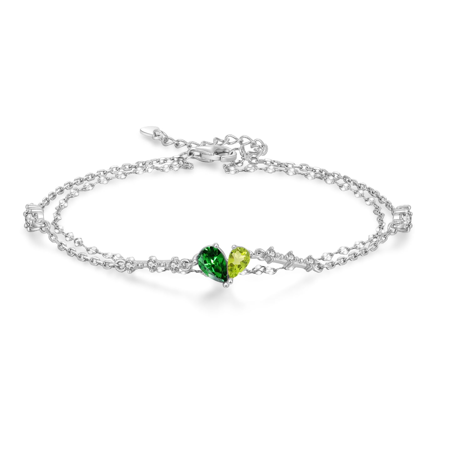 Free bird ハートブレスレット レディース エメラルド シルバー 925 金属アレルギー対応 2連 バングル チェーン 誕生石 腕輪 細い 誕生日 記念...