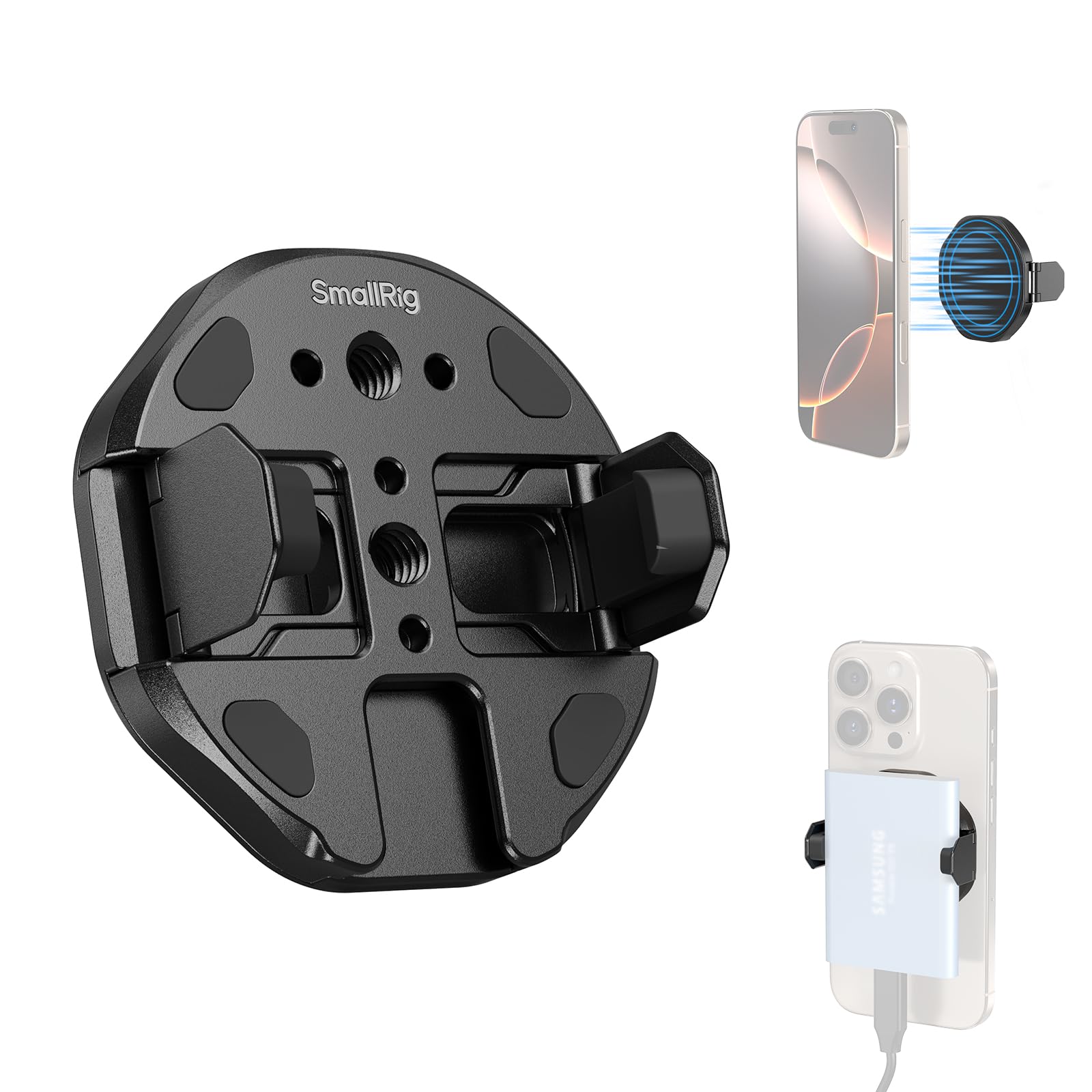 SmallRig SSD マグネット式スマホマウントブラケット SSD ホルダー Magsafe 対応 45-70mm（1.77''-2.76''）ワイドクランプ 1/4インチ-20スレッドとコールドシュー Samsung T3/T5用、SanDisk用、