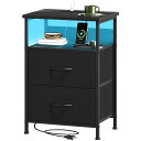 Somdot ベッドサイドテーブル サイドテーブル ナイトテーブル LED night table チェスト タンス 収納 おしゃれ USBポート&コンセント付き 棚付き 引き出し 幅40 奥行30 高60 布製 リビング ソファー 一人暮らし 2段 ブラ