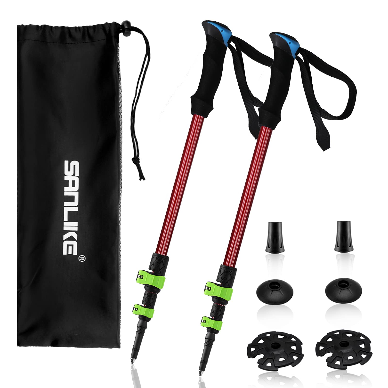 Rakuten - サンライク（SANLIKE）トレッキングポール カーボン 登山 ストック トレッキングステッキ 折りたたみ 登山杖 三段式伸縮 超軽量 EVAグリップ コンパクト 山登り 2本セット （Lサイズ61-130cm） (レッド)