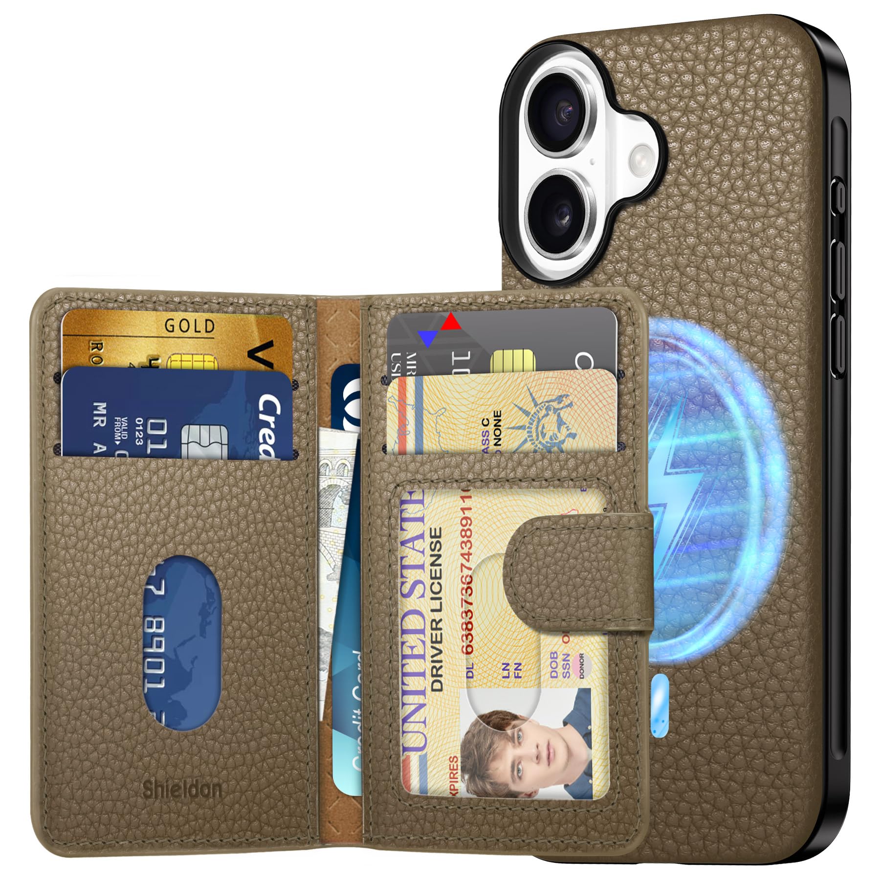 SHIELDON iPhone 16対応ケース 本革レザー 磁気吸着ウォレット 分離可 6枚カード収納 [RFIDブロッキング] 磁気充電可 背面保護 あいふぉん16用カバー 滑り止め 軽量 指紋防止 カメラ保護 携帯便利 アイホン16 対応 スマホケース