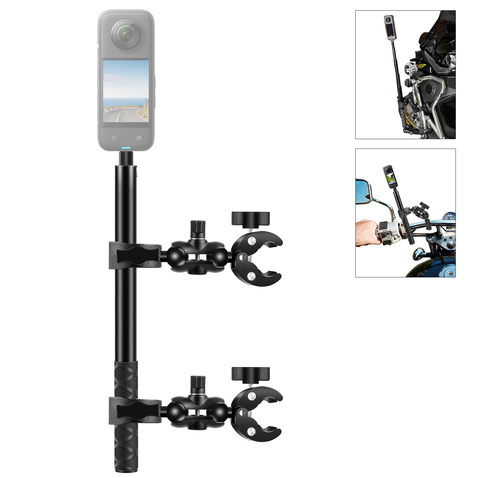 PULUZ バイクハンドルバーマウントキット、デュアルヘッドクランプ + 150cm 見えない自撮り棒、Insta360 X5 X4 X3 X2 X ONE RSアクションカメラ対応、バイクライディング録画/ライブストリーミング/POV撮影
