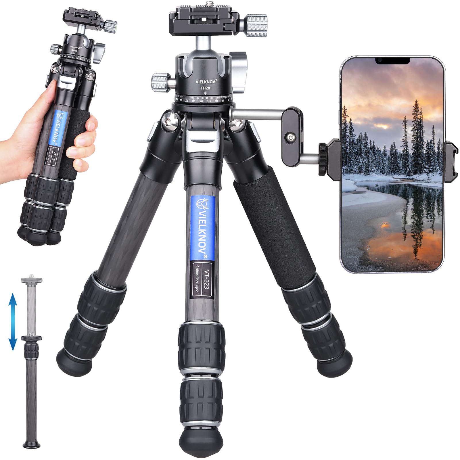 楽天SelectSHOP 岐阜 楽天市場店VIELKNOV カーボン 三脚 低重心 ボール 雲台と外接式中心軸 付き 軽量 ミニ 持ち運びに便利 卓上 カメラビデオ 三脚 一眼レフ/ミラーレス カメラ/望遠レンズ/スマホなど対応 三段式 耐荷重10kg 納バック付き 旅行用