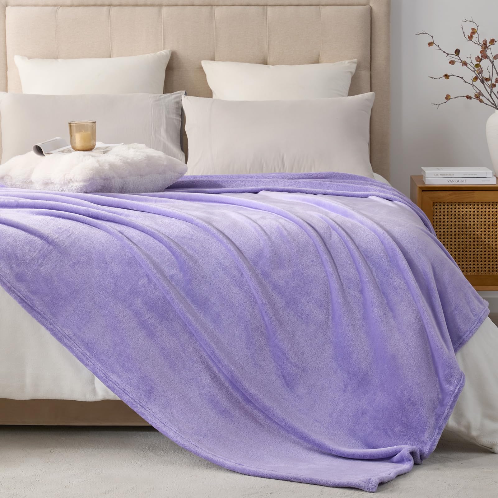 Hansleep 毛布 もうふ 冬用 ダブル ブランケット 大きめ 200x220cm 大判 ライトパープル マイクロファイバー 柔らかく 肌触り フランネル 洗える 軽量 静電防止 四季適用 (220x200,ライトパープル)