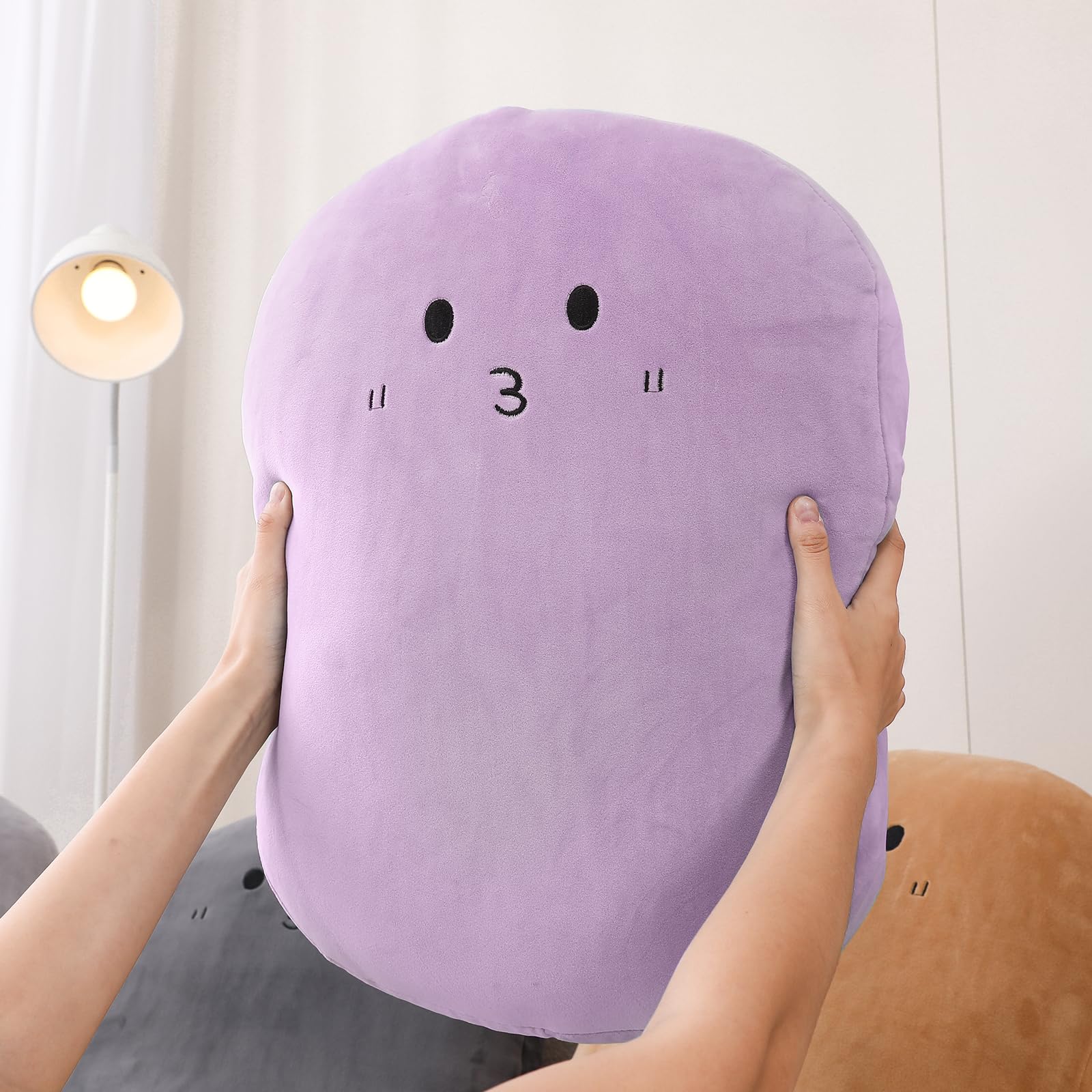 JEMAジェマ クッション もちもちクッション 絵文字 顔文字 抱き枕 楕円型 ふわふわ 可愛い 座布団 リビング 背あて ソファー用 インテリア 枕 おしゃれ 北欧 55×40cm ラベンダー