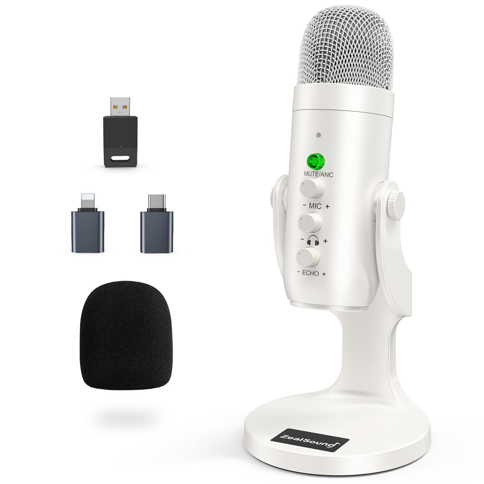ZealSound ワイヤレスUSBマイク 2.4GHz接続 卓上コンデンサーマイク ノイズ低減 ミュート・ゲイン・エコー調整 モニタリング対応 PC/Mac/iPhone/iPad/Android/PS4/PS5対応 配信 ゲーム実況 Web会議 録音